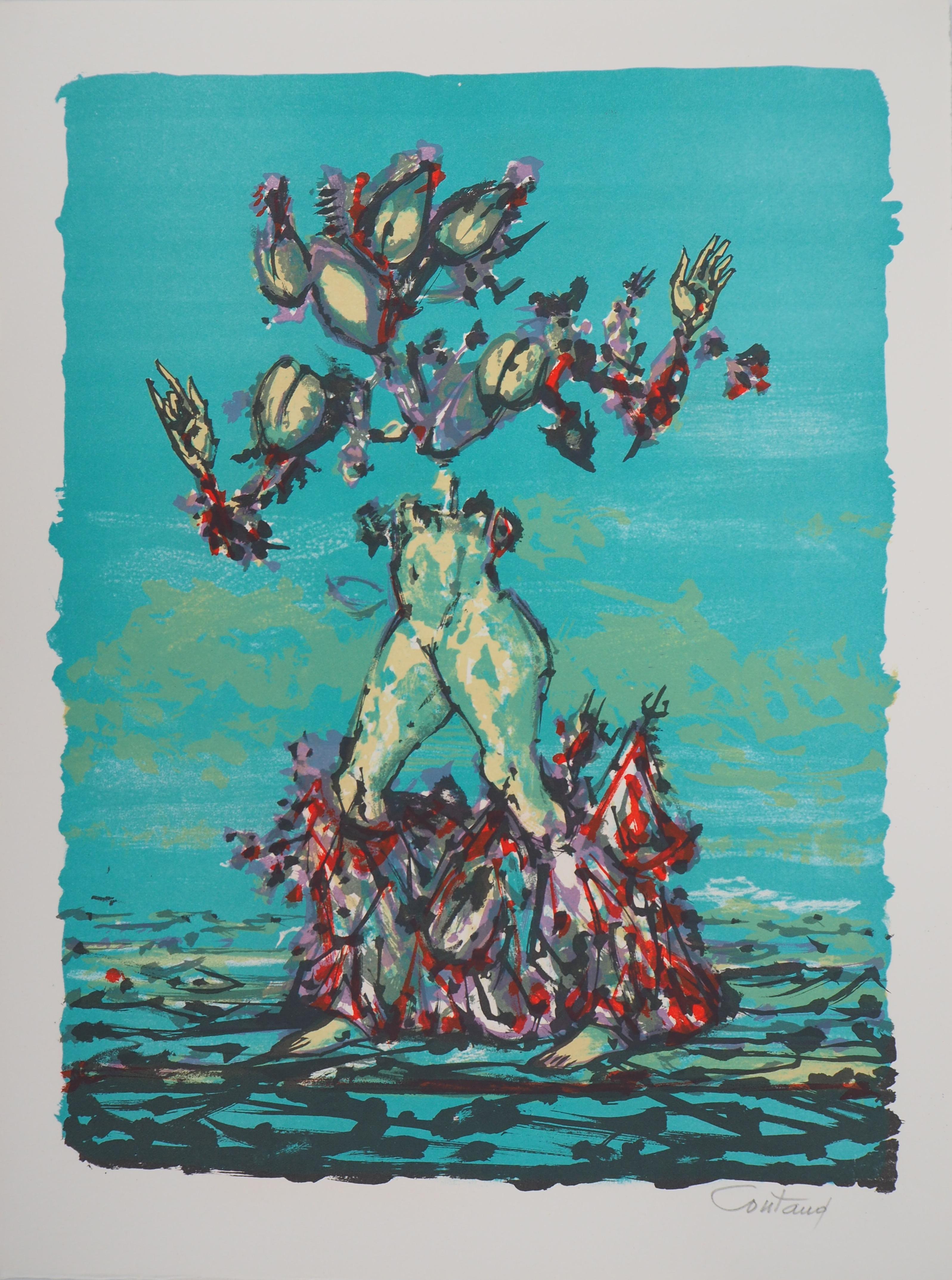 Figurative Print de Lucien Coutaud - Personaje surrealista : Amante en azul - Litografía original firmada a mano
