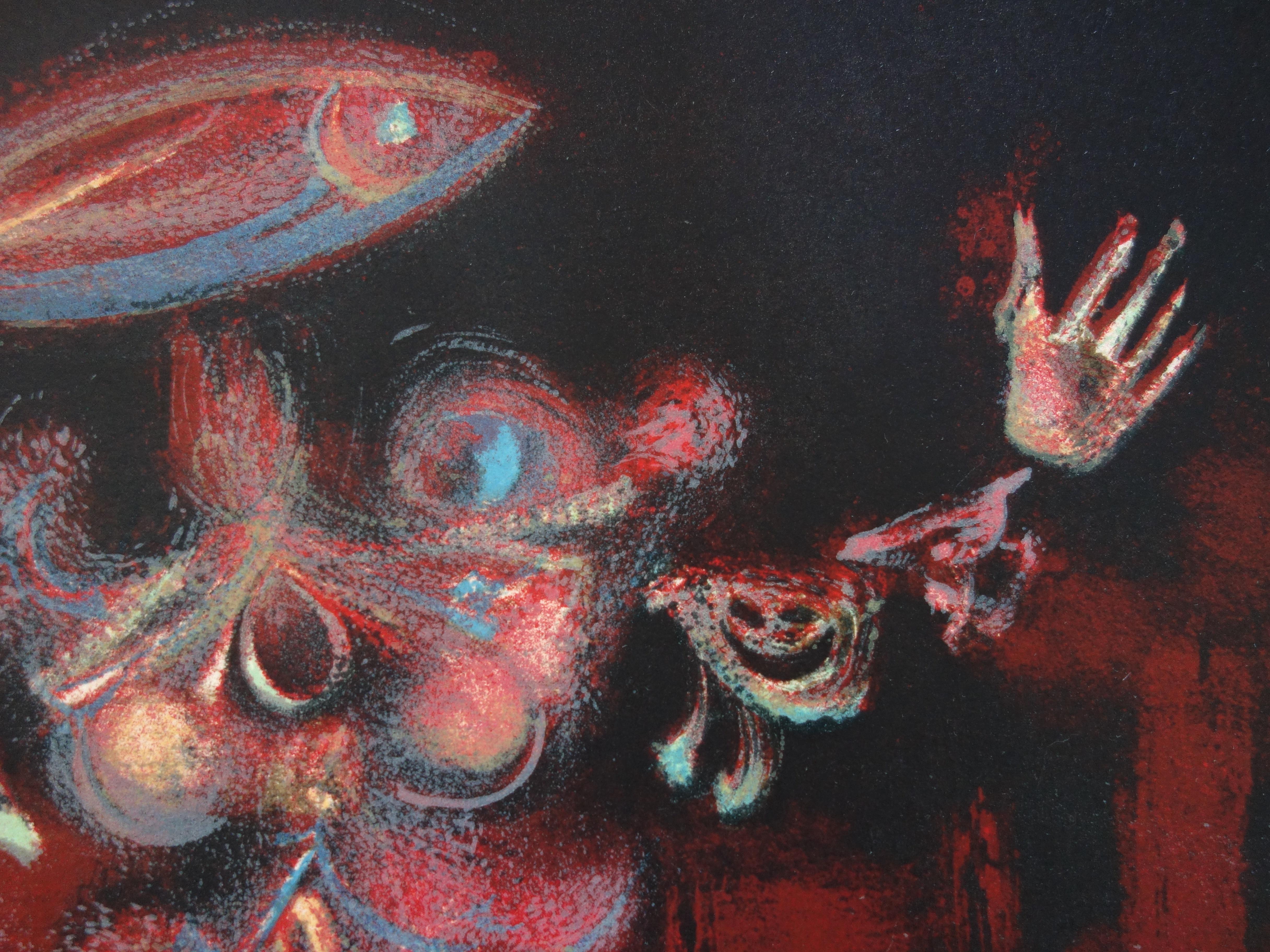 Personaggio surrealista con pesce - litografia originale firmata - Figurative Print Marrone di Lucien Coutaud