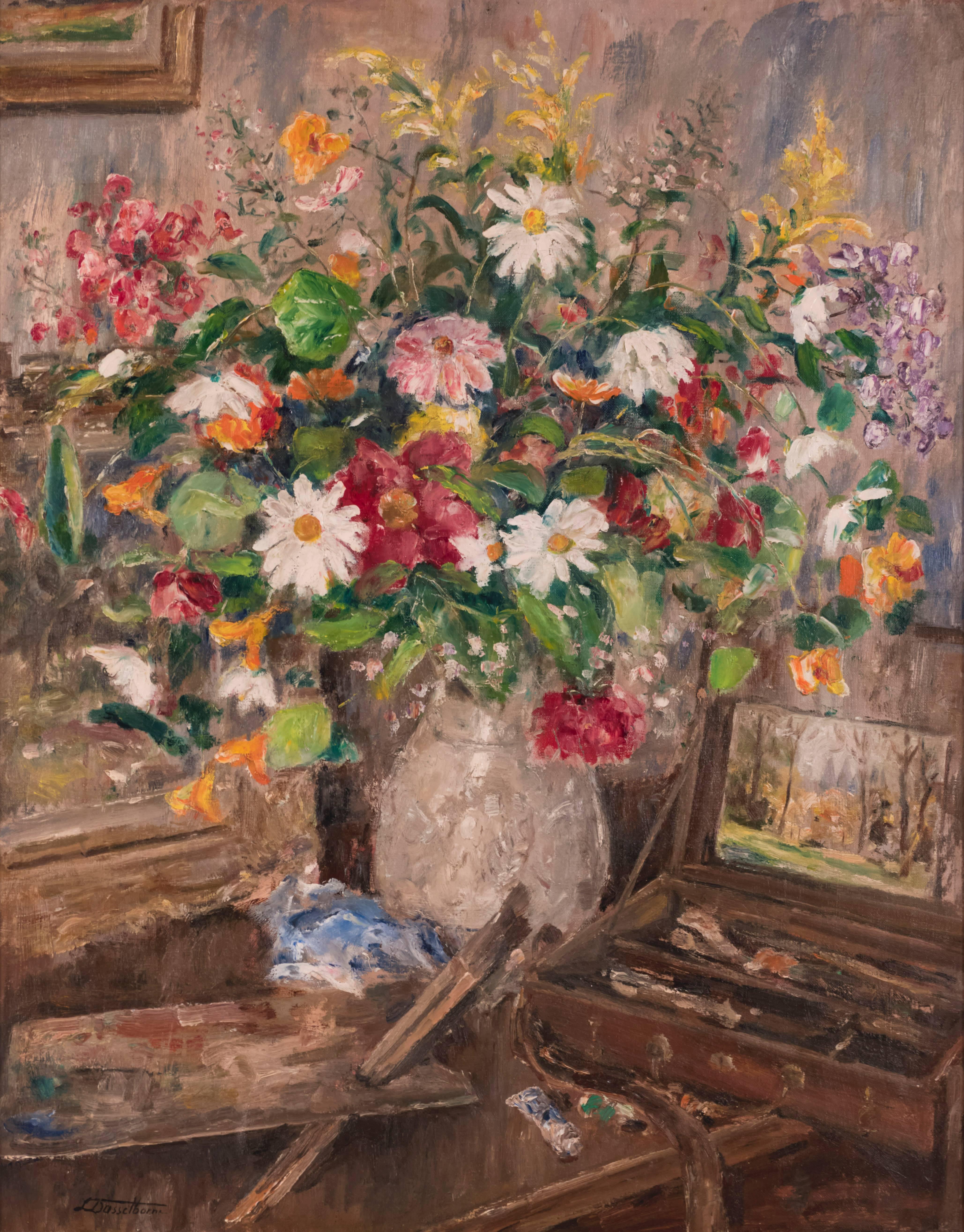 Floral Still Life with Paint Box and Brushes  - Painting by Lucien Dasselborne