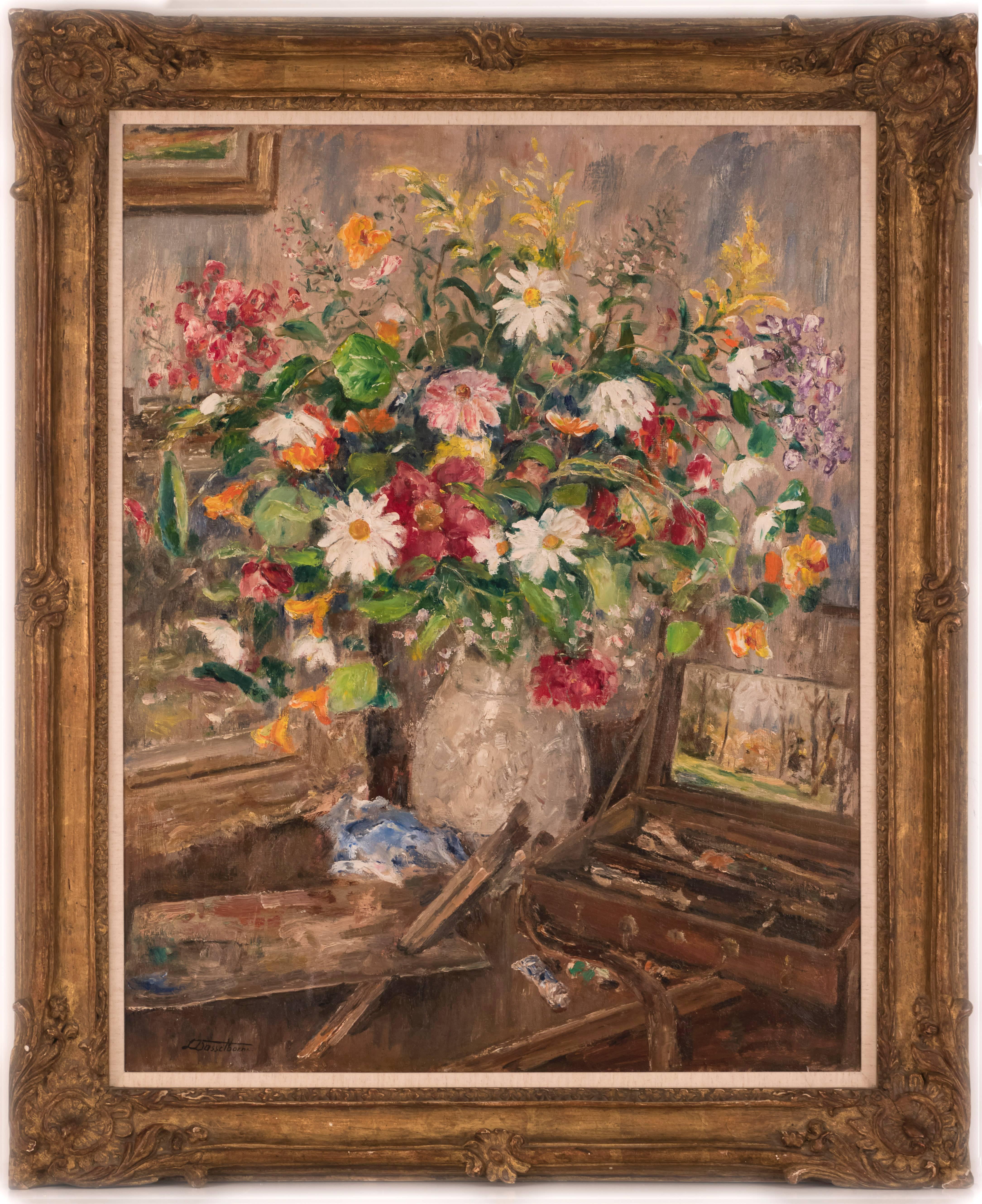Lucien Dasselborne Still-Life Painting - Floral Still Life with Paint Box and Brushes 