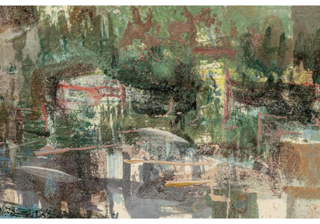 Huile sur toile représentant Baulien, une commune balnéaire de Nice, en France, sur la Côte d'Azur. Le tableau présente des structures rustiques et des arbres dénudés au premier plan, une jetée s'avançant sur les eaux bleues pâles, des structures