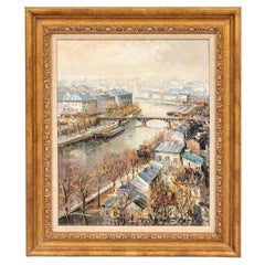 Lucien Delarue 'Francese, 1927 - 2011' Olio su tela Scena di canale francese