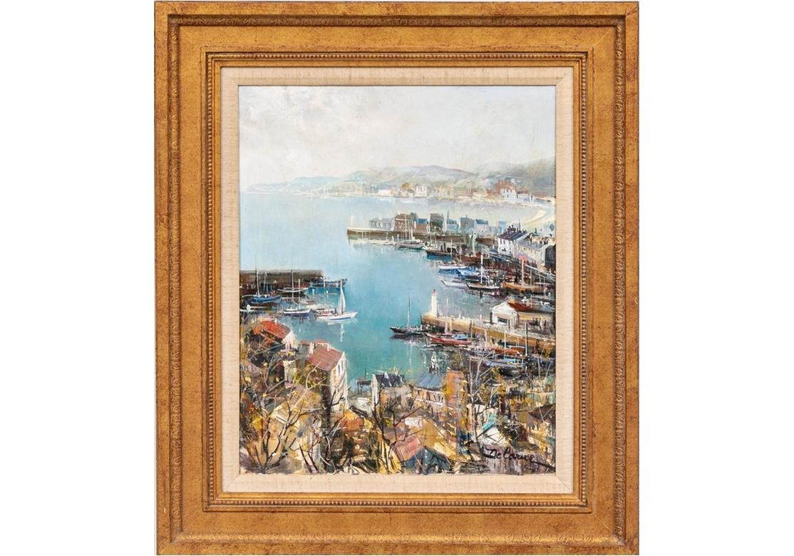 Tela Lucien Delarue 'Francese, 1927 - 2011' Olio su tela Scena di porto francese in vendita