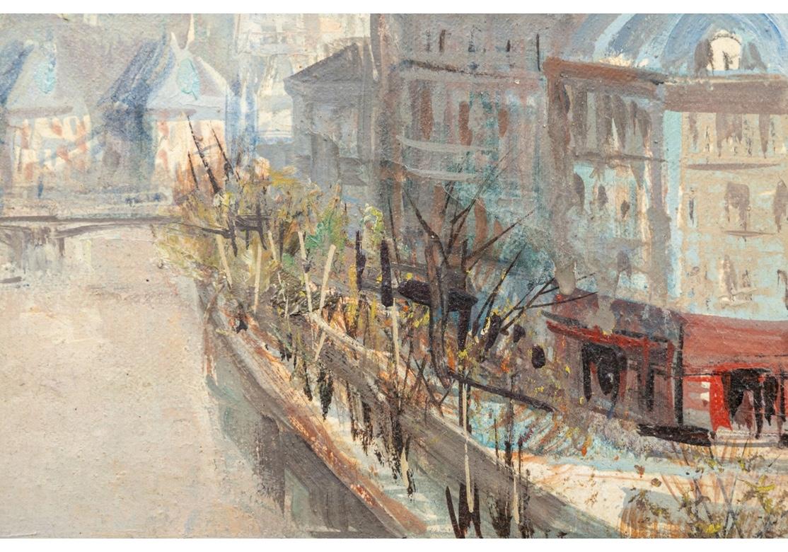 A large and sweeping oil on canvas depicting a French harbor scene with an aqueduct in the center, structures in the foreground with barren trees, remnants of fallen snow, blue roofed structures in the background with shops below, the canal or