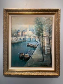 "Barges by the Dock", Lucien Delarue, Impressionist, Paris, 29x36, Original Oil