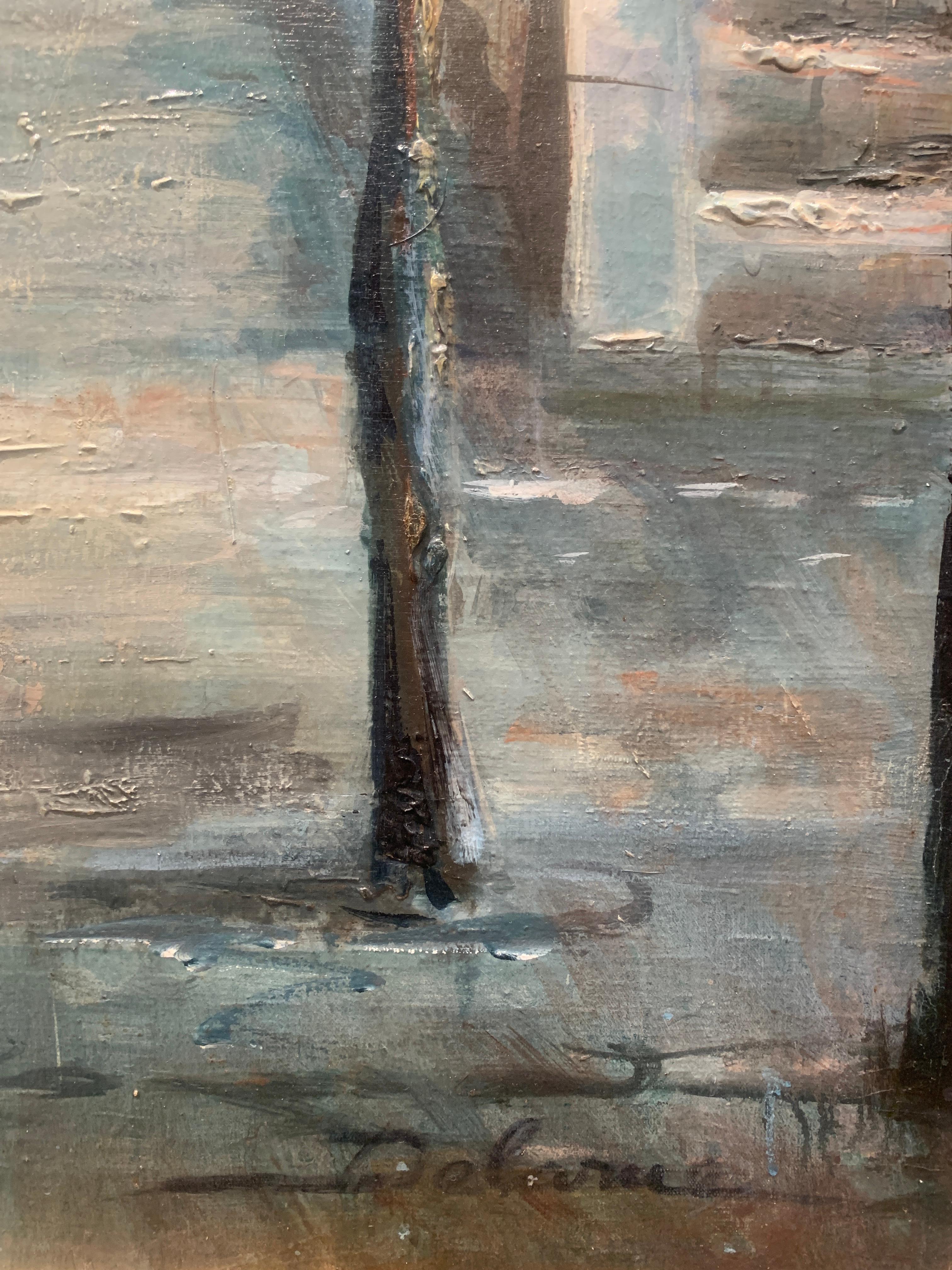 « Barges by the Dock », Lucien Delarue, impressionniste, Paris, 29x36, huile originale en vente 2