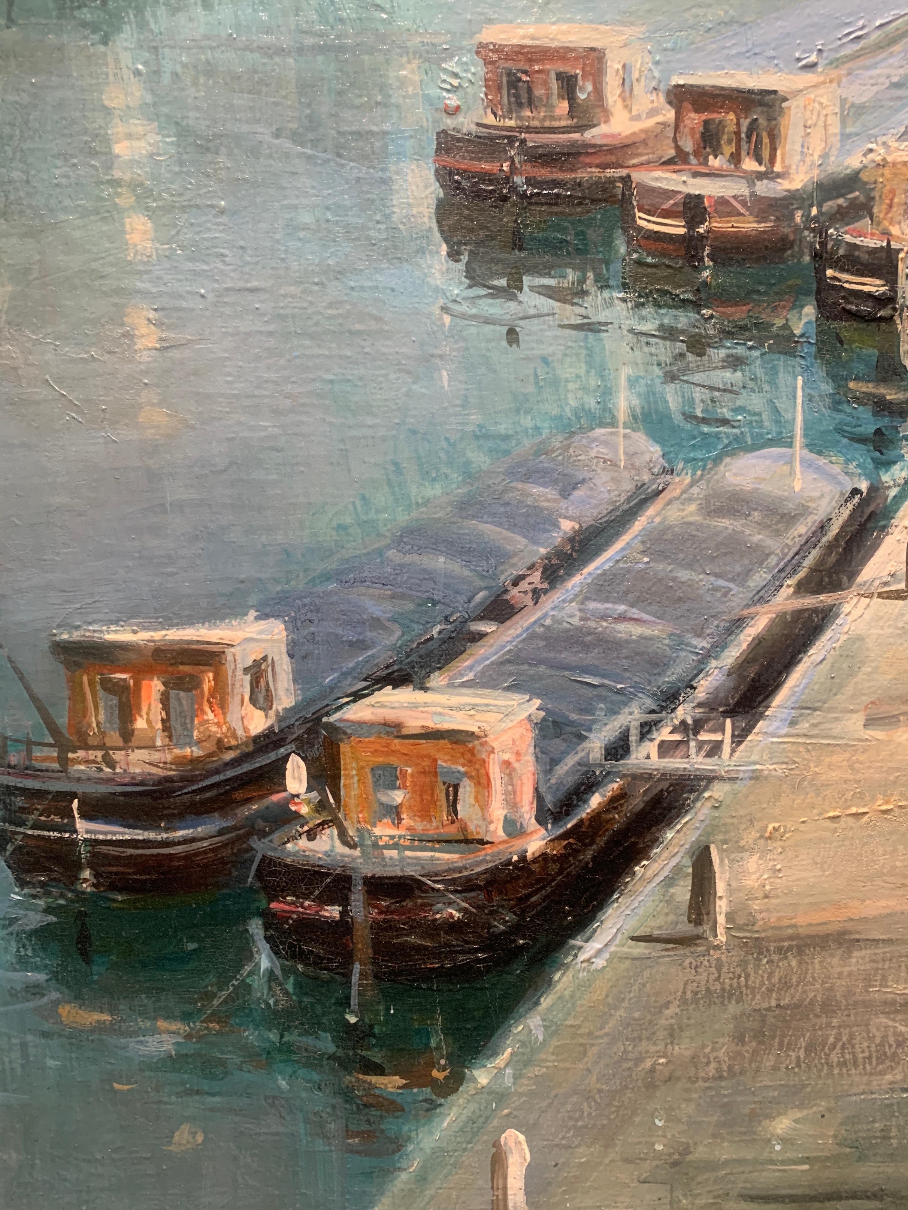 « Barges by the Dock », Lucien Delarue, impressionniste, Paris, 29x36, huile originale en vente 3