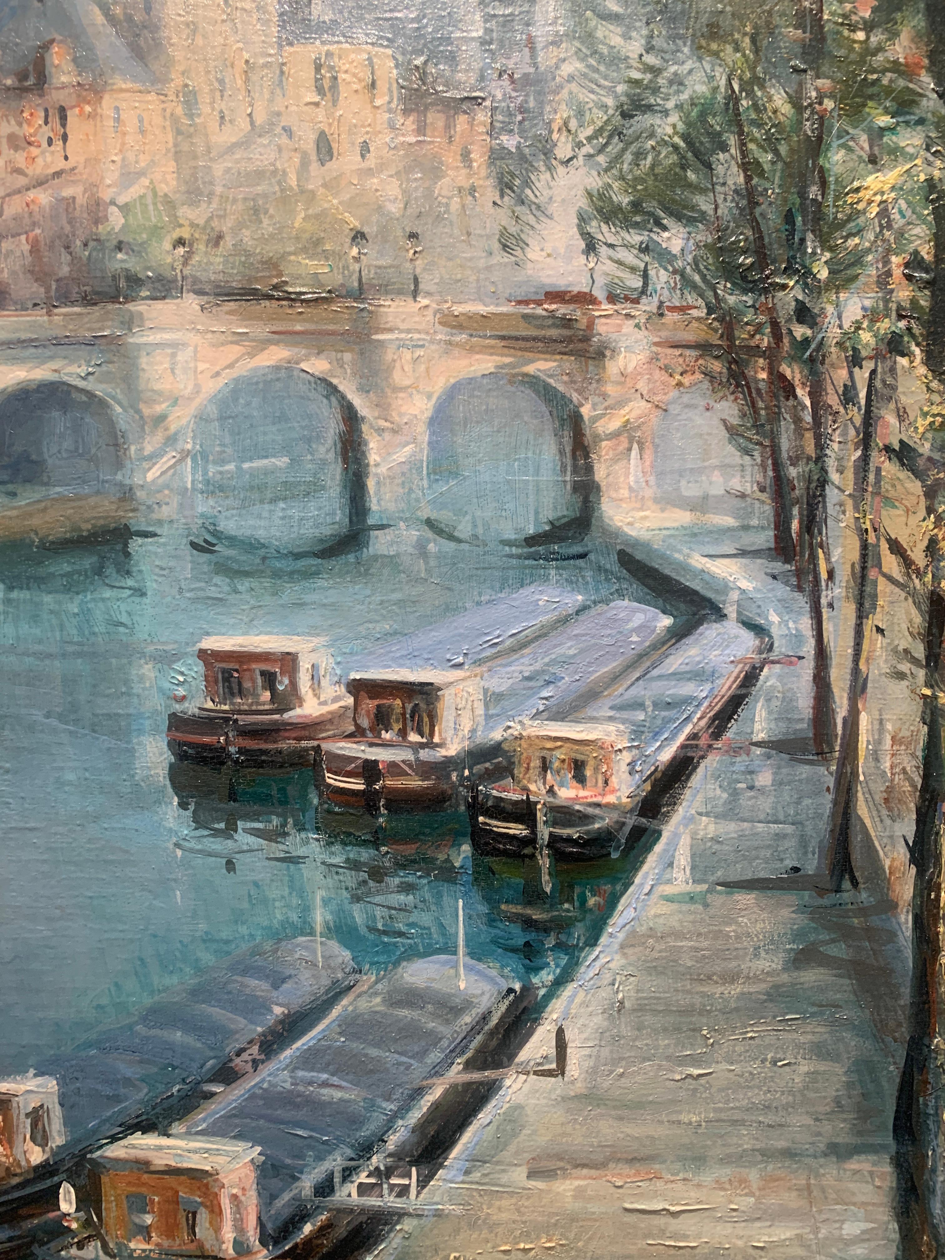 « Barges by the Dock », Lucien Delarue, impressionniste, Paris, 29x36, huile originale en vente 4