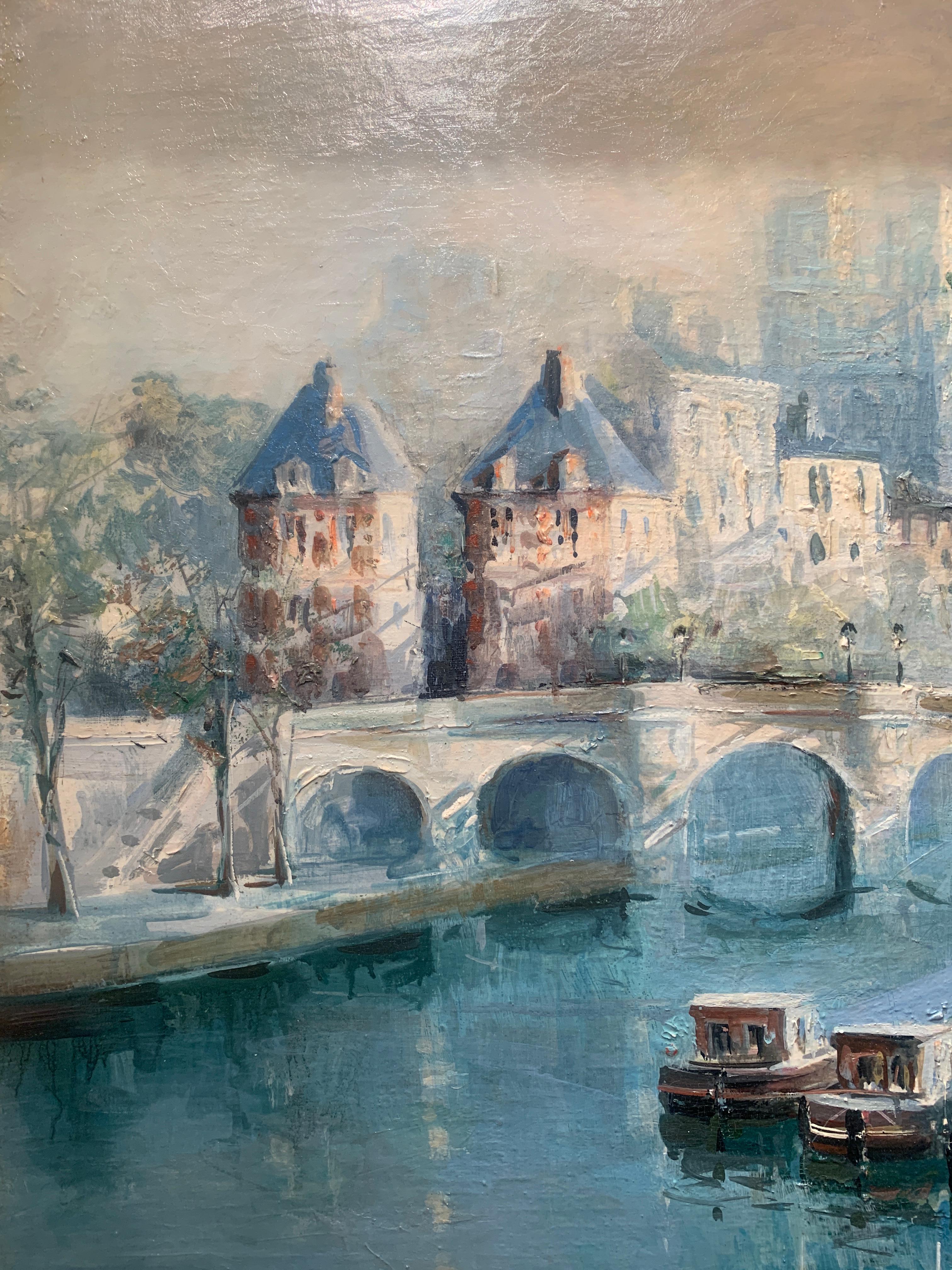 « Barges by the Dock », Lucien Delarue, impressionniste, Paris, 29x36, huile originale en vente 5