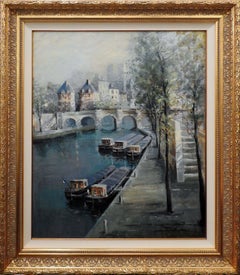 Vintage "Barges by the Dock", Lucien Delarue, Impressionist, Paris, 29x36, Original Oil