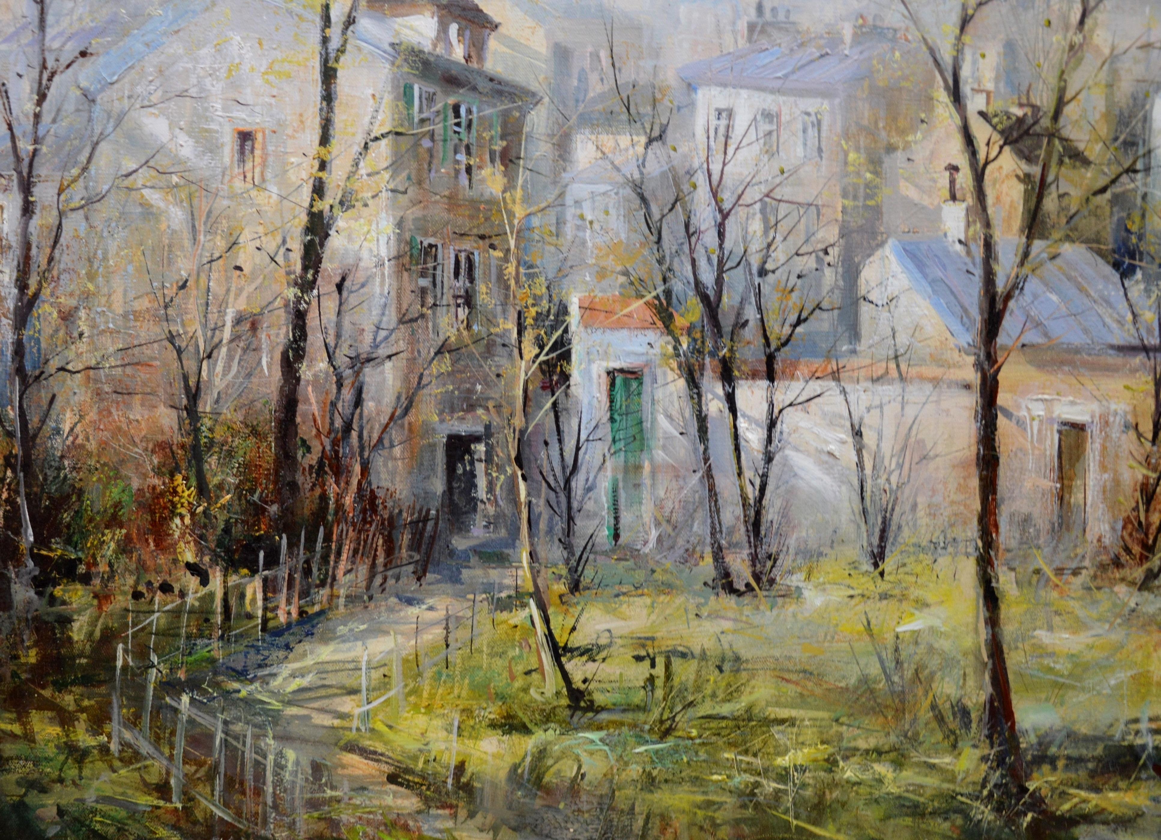 This is a very large fine French Post-Impressionist landscape oil on canvas depicting a garden surrounded by the old buildings Montmartre in Paris by the eminent French artist Lucien Delarue (1925-2011). 'Jardin de Montmartre’ is signed by the