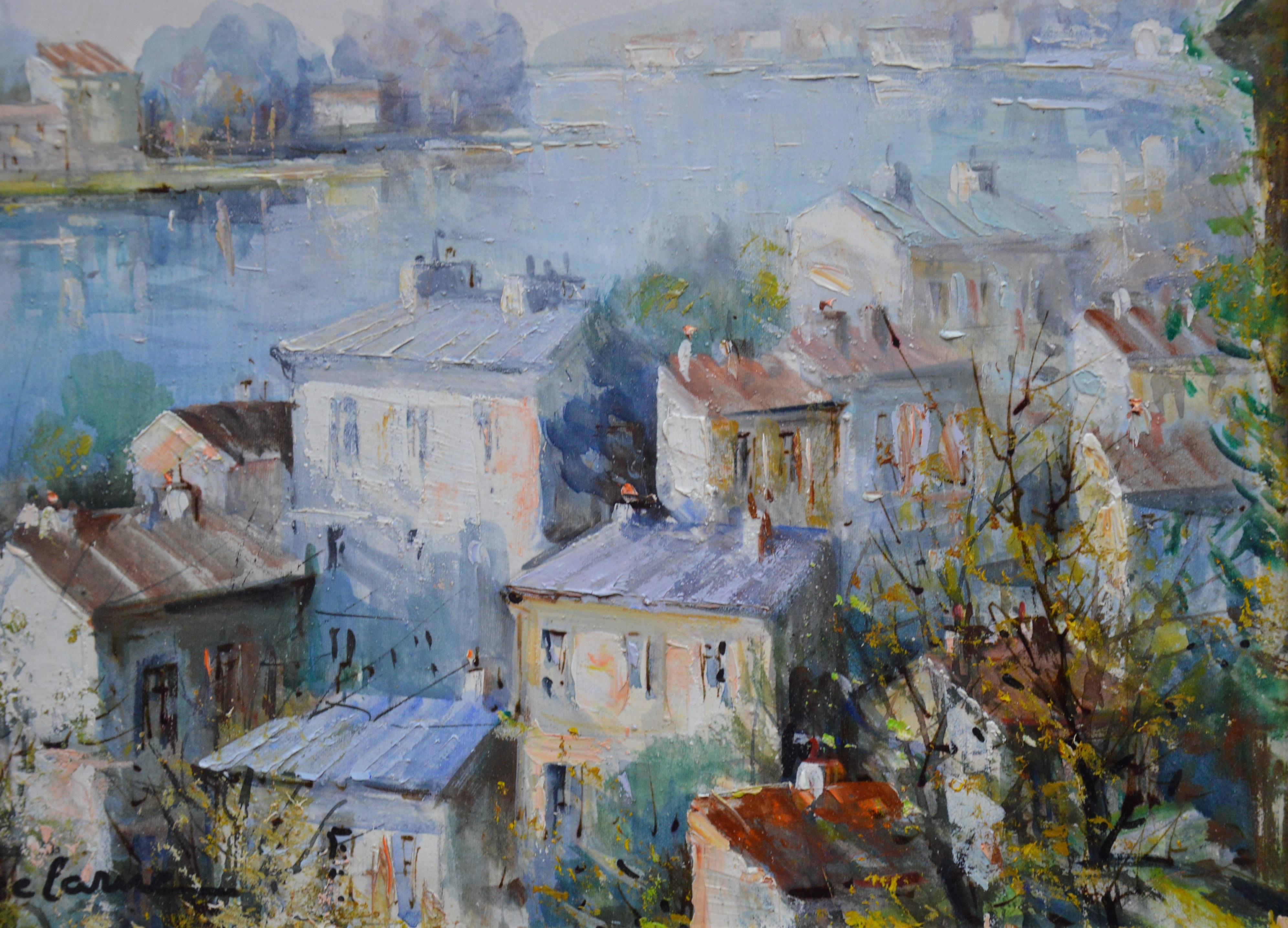 This is a fine French Post-Impressionist landscape oil on canvas depicting the River Seine at the picturesque town of Herblay just north of Paris by the eminent French artist Lucien Delarue (1925-2011). ‘Le Seine à Herblay’ is signed by the artist