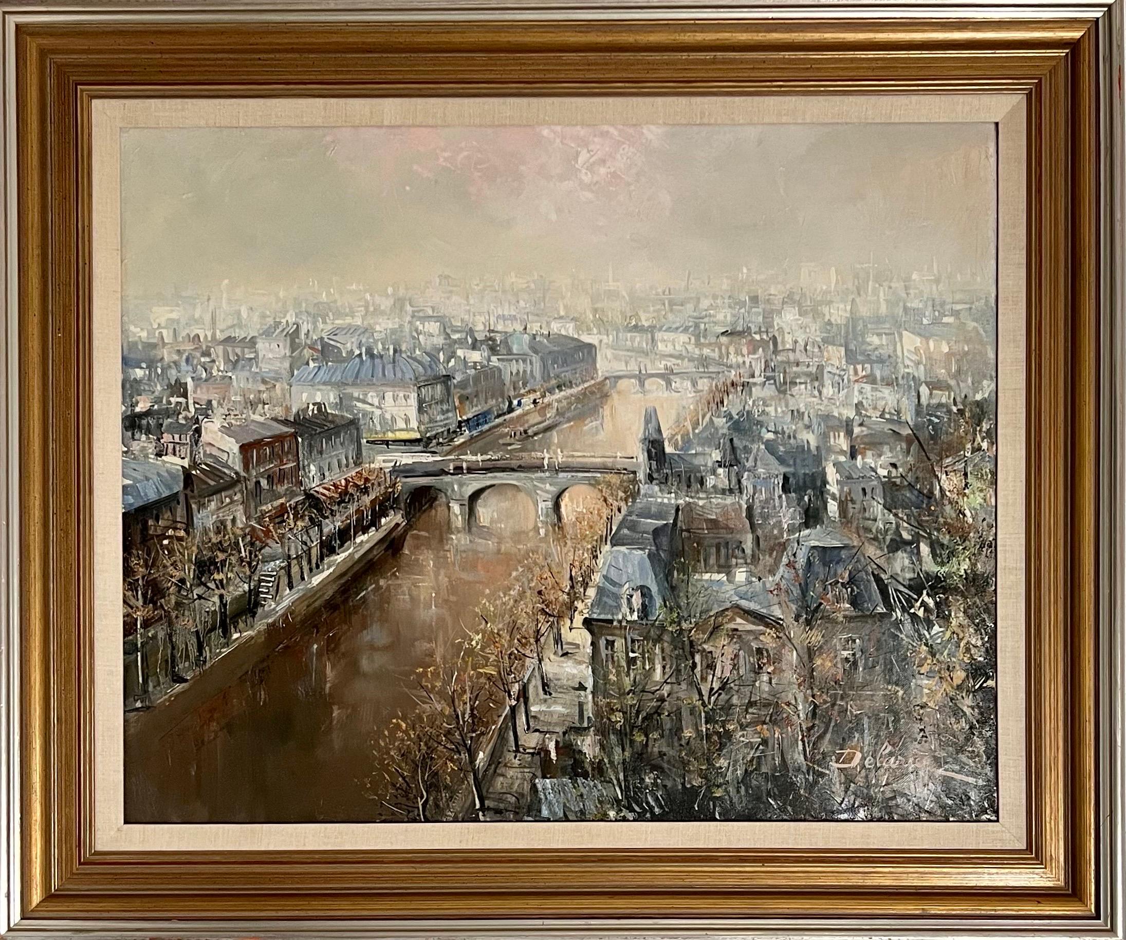 Grande peinture à l'huile française Paris, rivière Seine avec pont, paysage, Lucien Delarue en vente 8