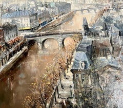 Grande dipinto a olio francese Parigi, Senna con ponte, paesaggio, Lucien Delarue