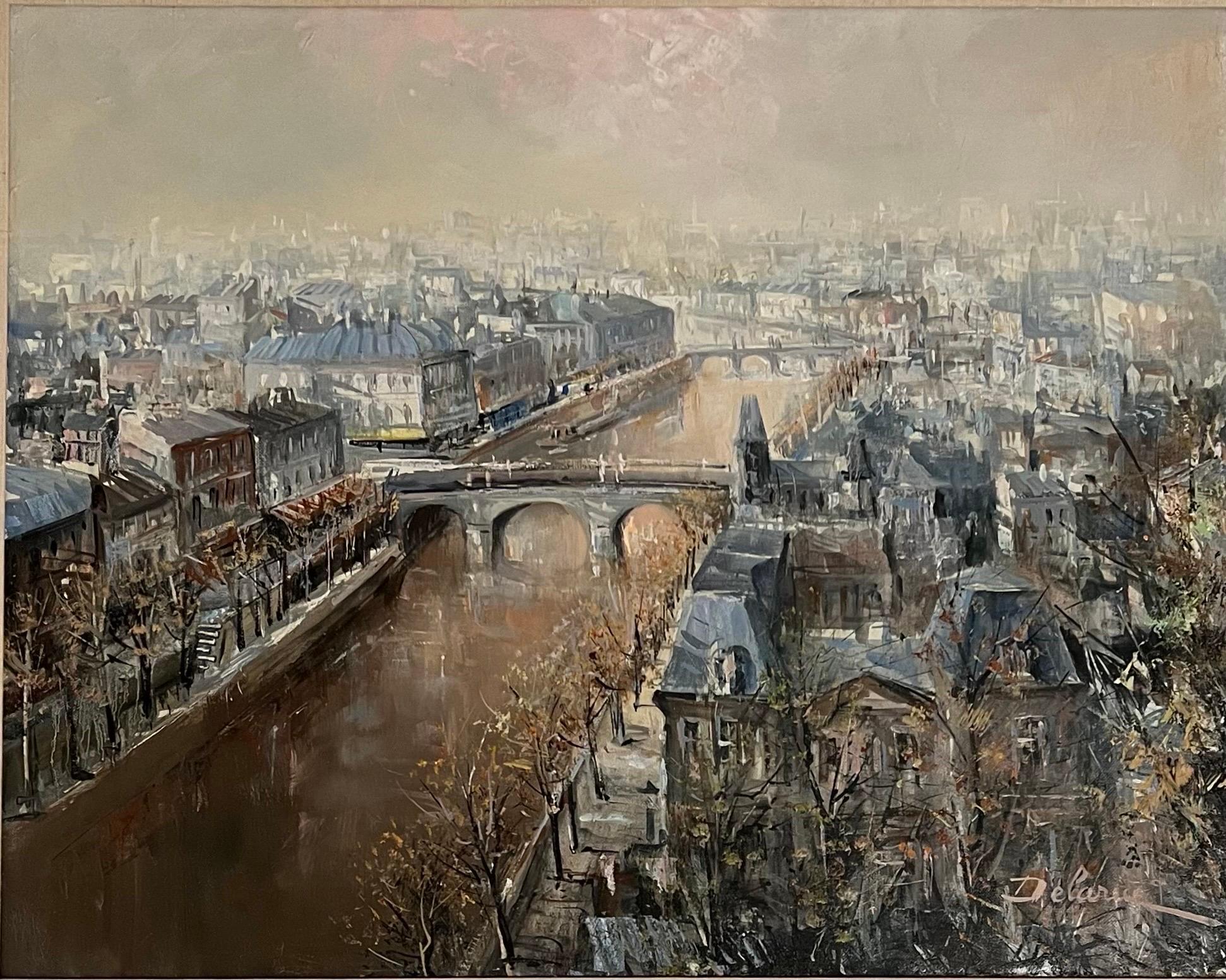 Grande peinture à l'huile française Paris, rivière Seine avec pont, paysage, Lucien Delarue en vente 1