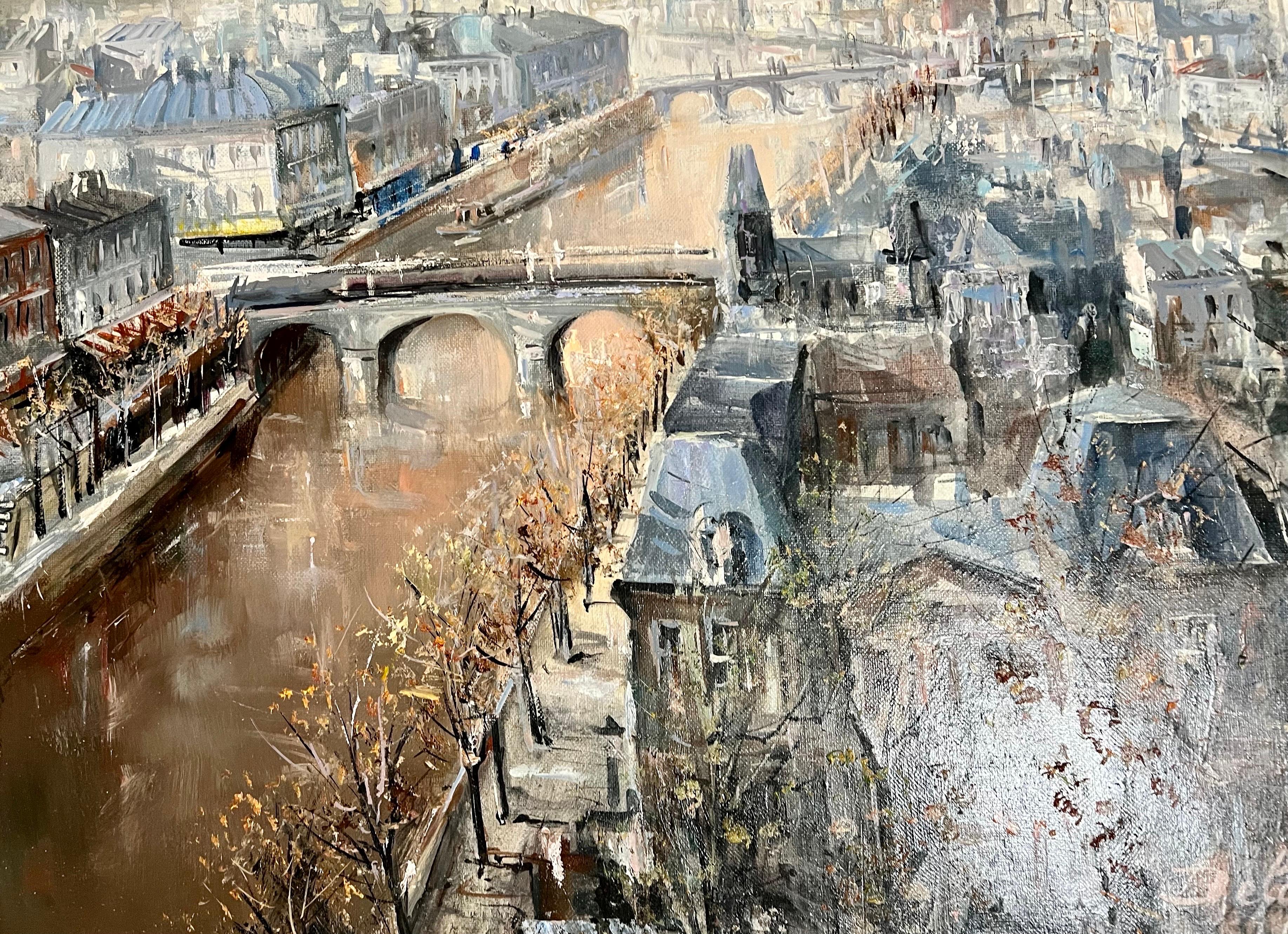 Grande peinture à l'huile française Paris, rivière Seine avec pont, paysage, Lucien Delarue en vente 2