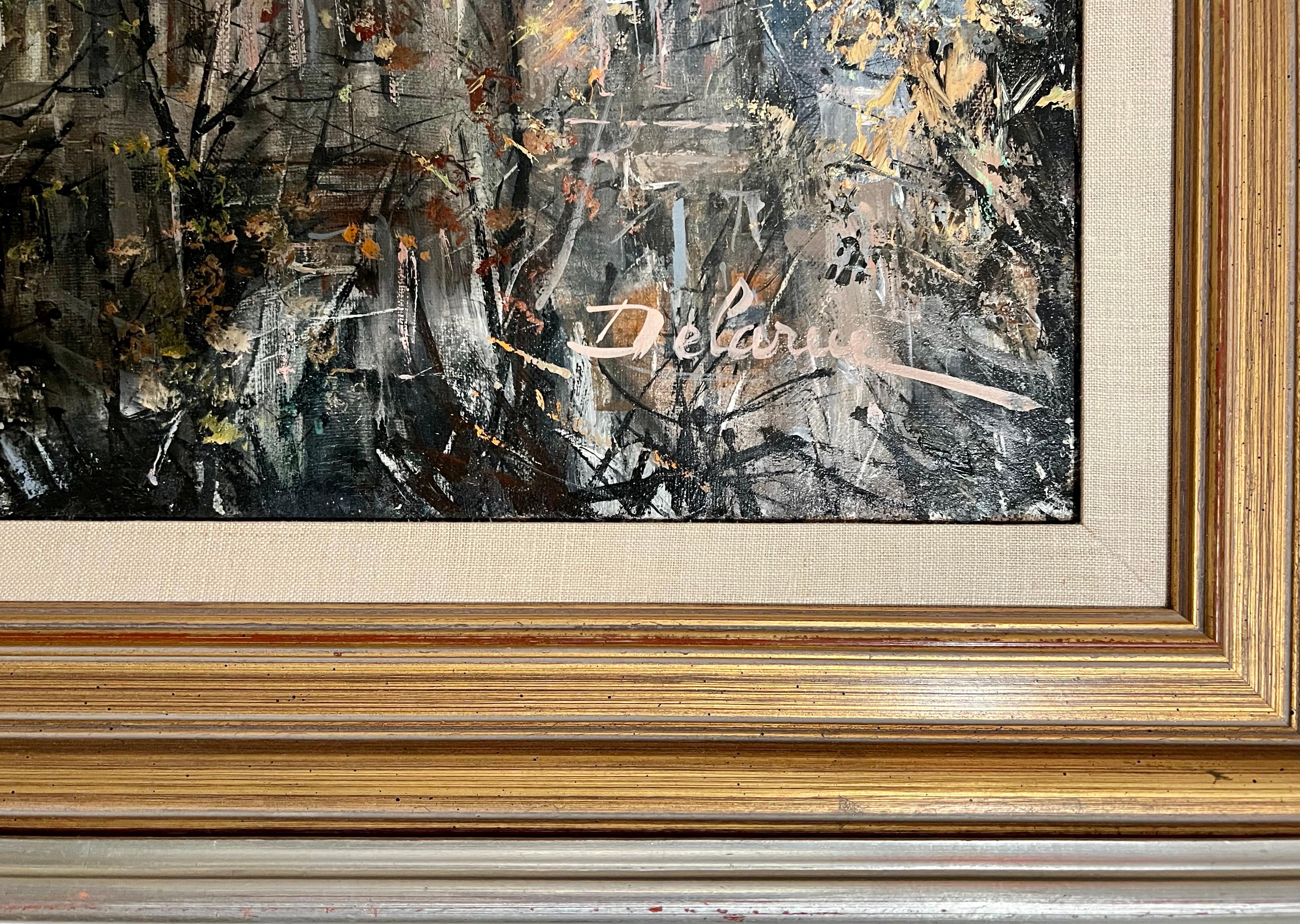Grande peinture à l'huile française Paris, rivière Seine avec pont, paysage, Lucien Delarue en vente 4