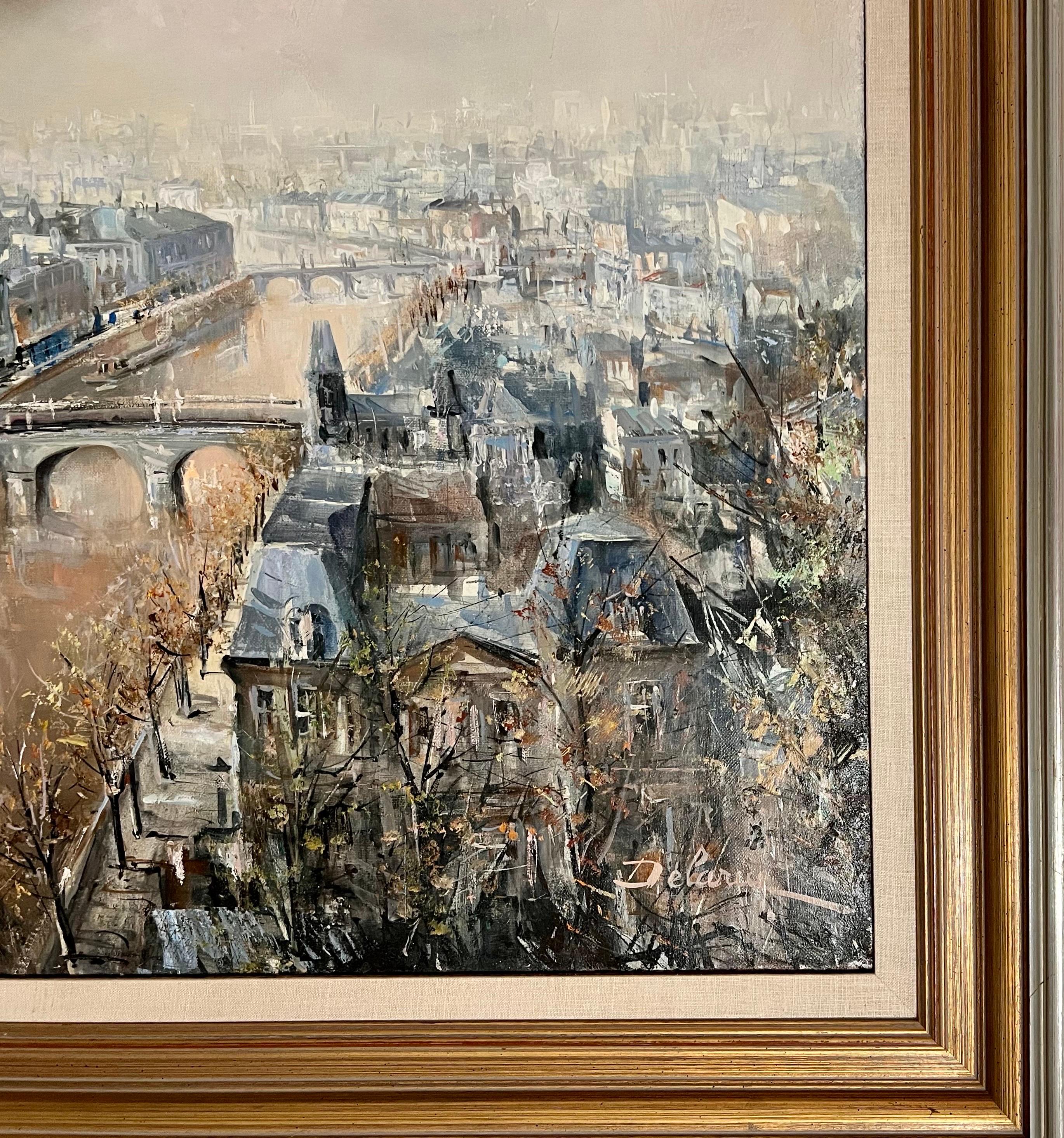 Grande peinture à l'huile française Paris, rivière Seine avec pont, paysage, Lucien Delarue en vente 5