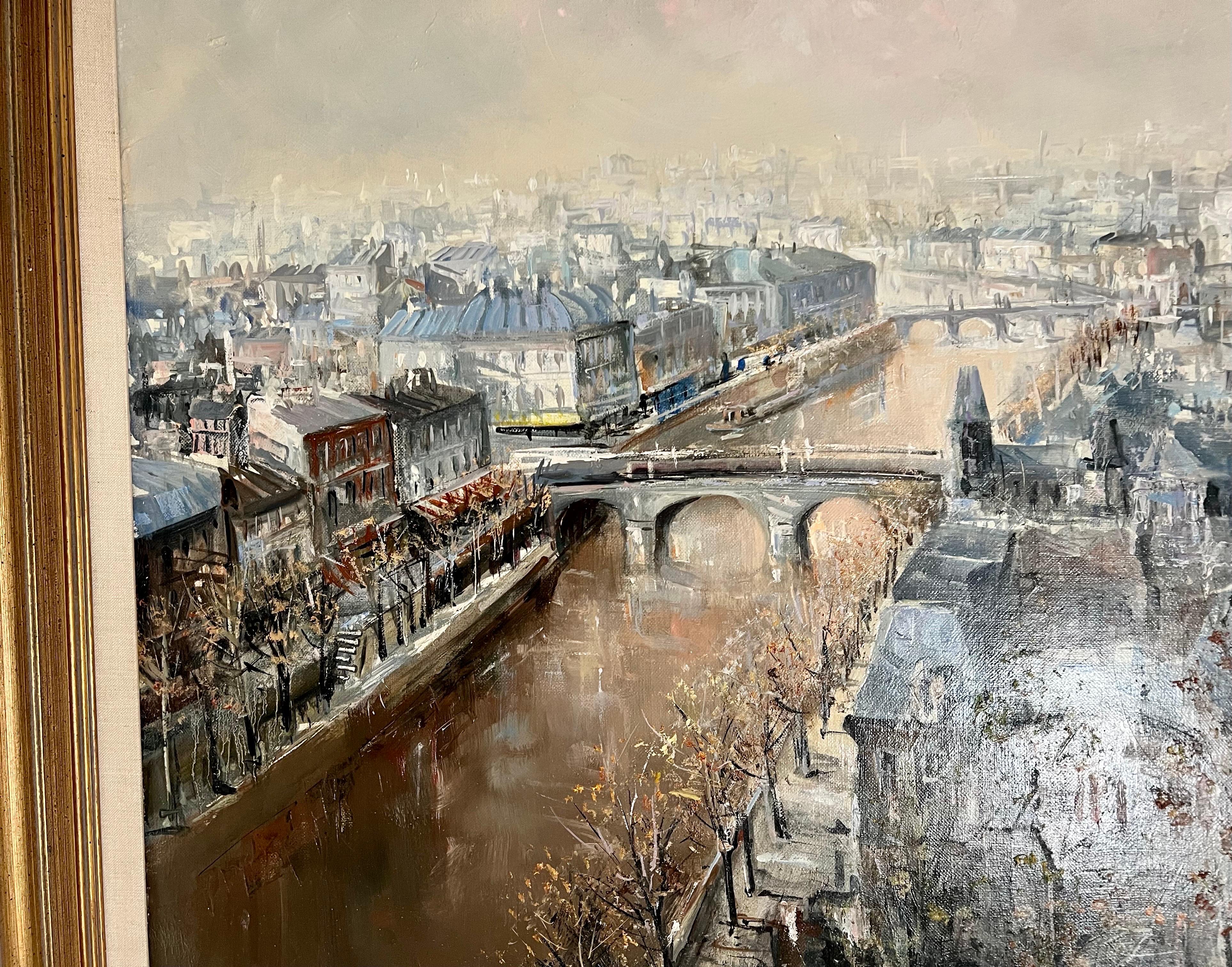 Grande peinture à l'huile française Paris, rivière Seine avec pont, paysage, Lucien Delarue en vente 6