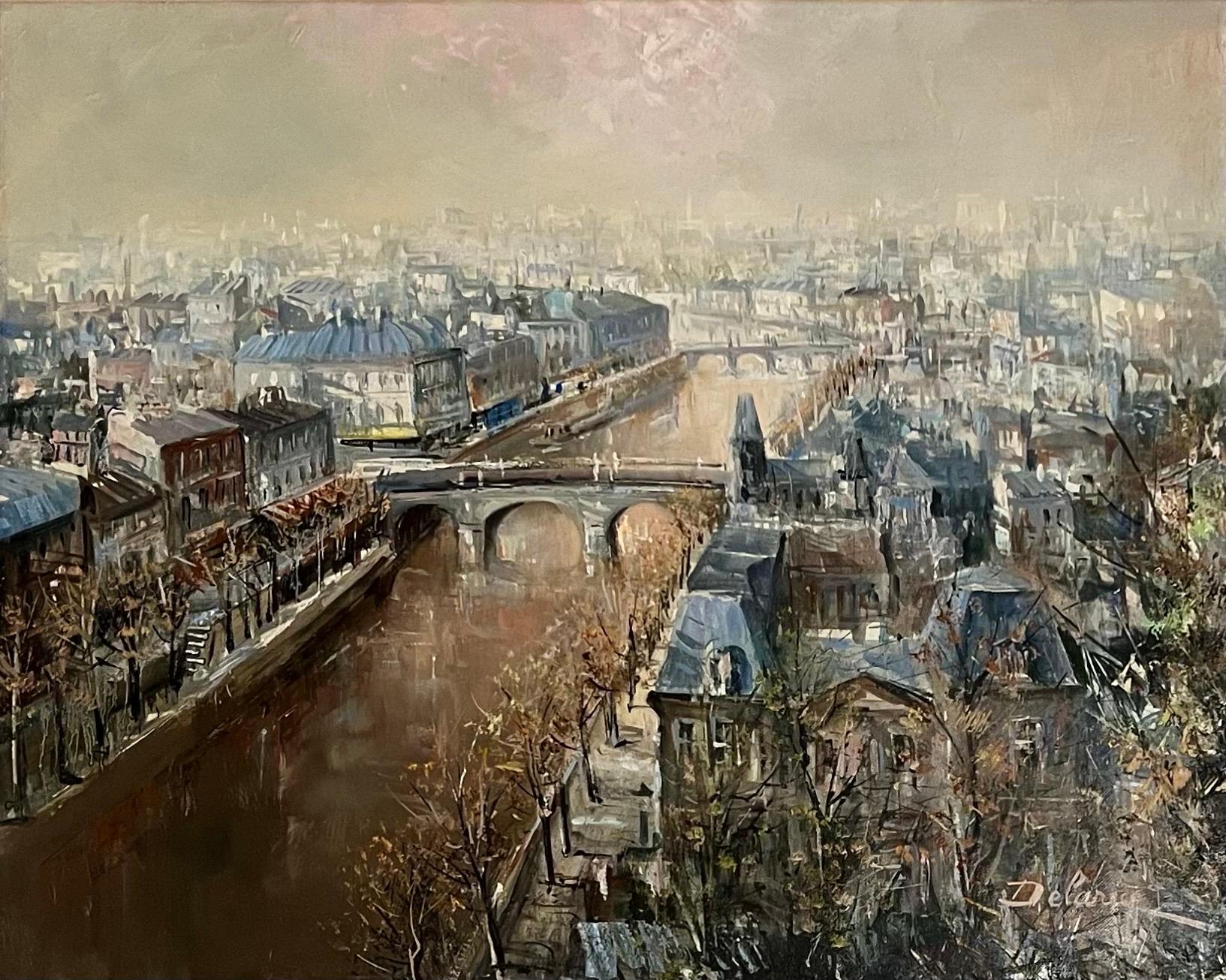 Grande peinture à l'huile française Paris, rivière Seine avec pont, paysage, Lucien Delarue en vente 7