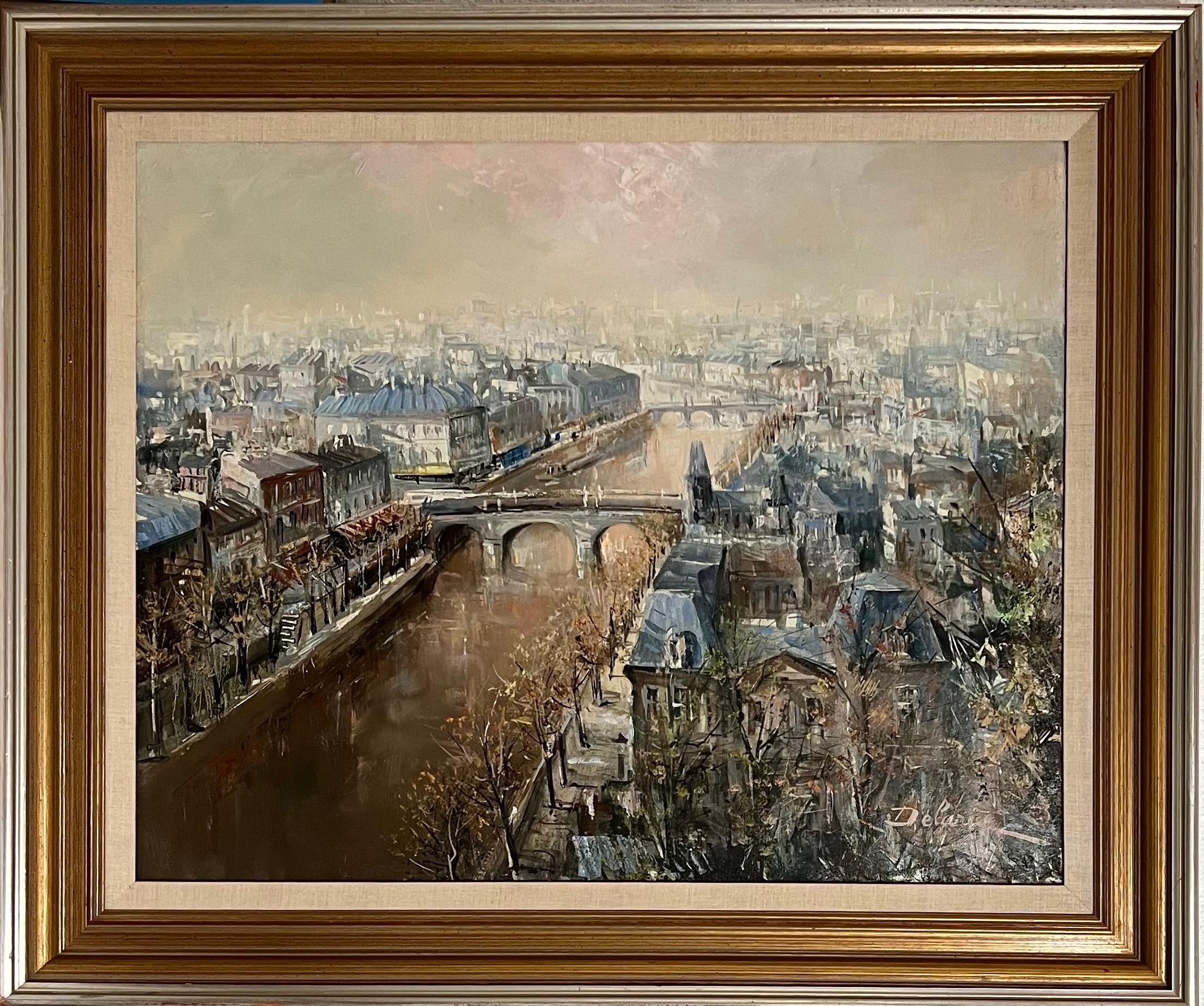 Large French Oil Painting Paris, Seine River w Bridge, Landscape, Lucien Delarue