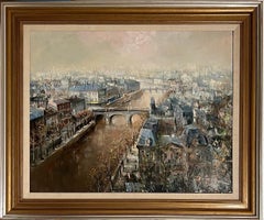 Grande peinture à l'huile française Paris, Seine avec pont, paysage, Lucien Delarue