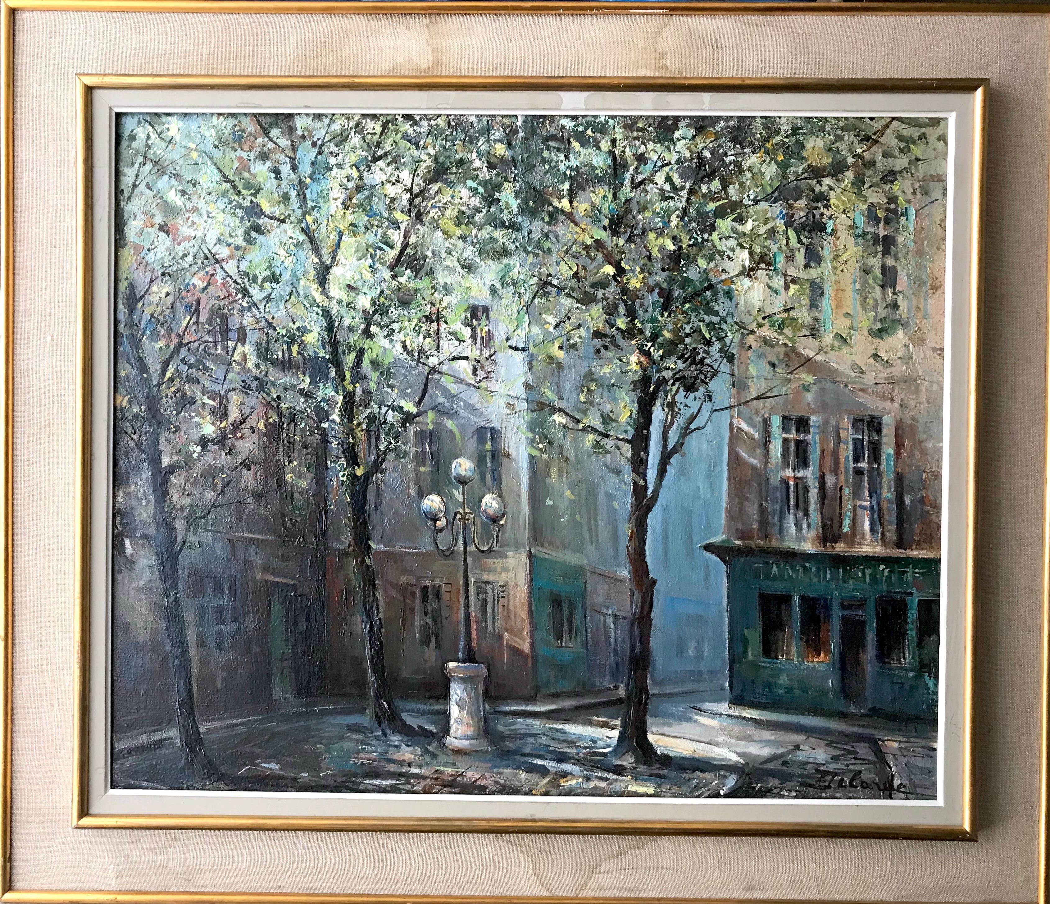 Lucien Delarue (French 1925 - 2011); Place Furstemberg; oil on canvas For Sale 1