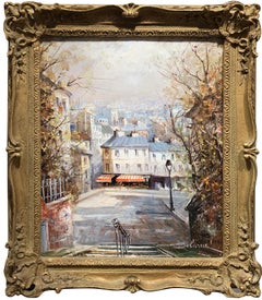 "Le strade di Parigi", Lucien Delarue, Paesaggio impressionista, 22x18, Olio originale