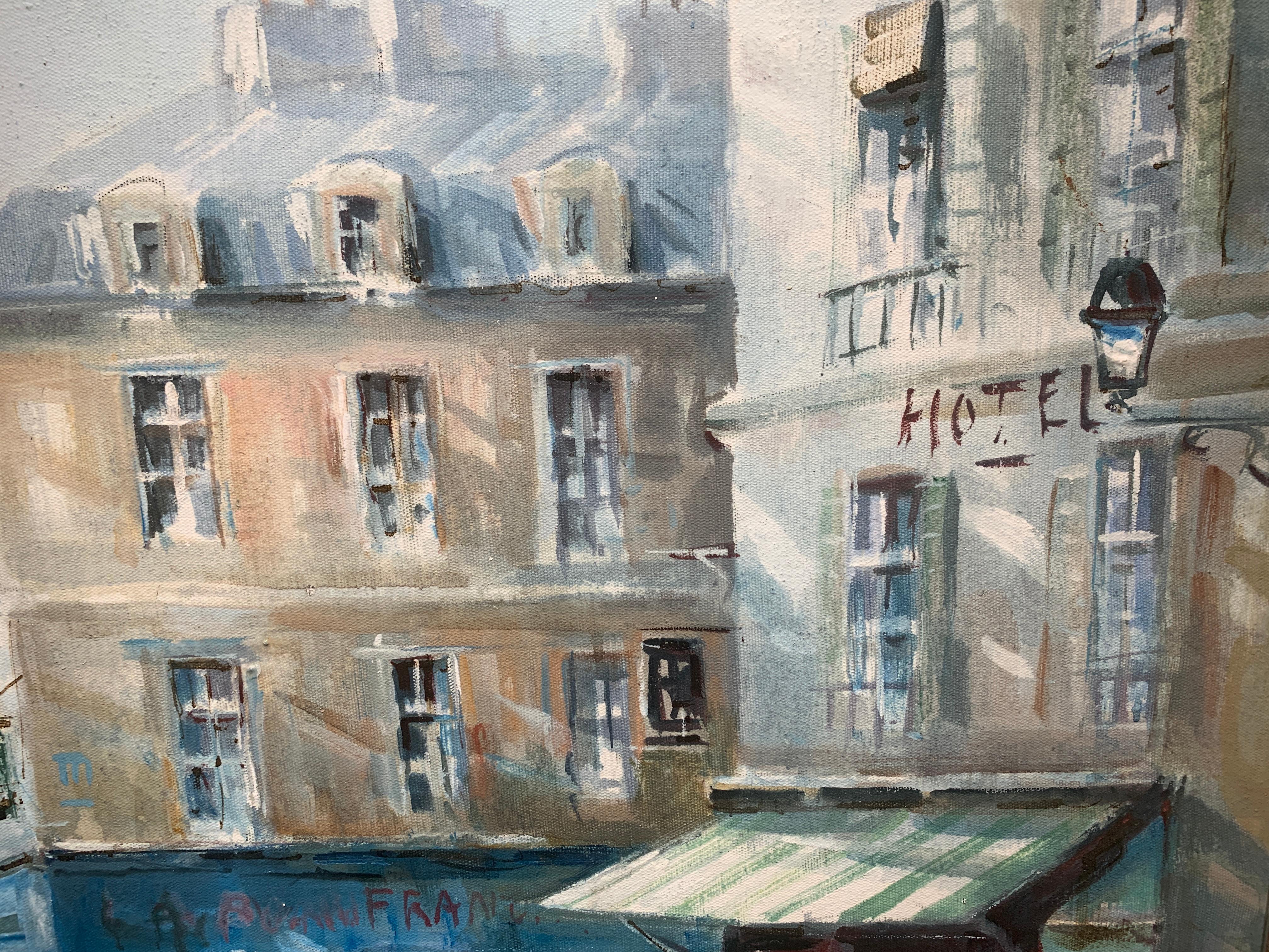 Lucien Delarue is known internationally as an artist who faithfully captures the romantic moods of Paris. His famous subject of the ''Rooftops of Montmarte,'' along with other Paris scenes, compliment his romantic renderings of the South of France.