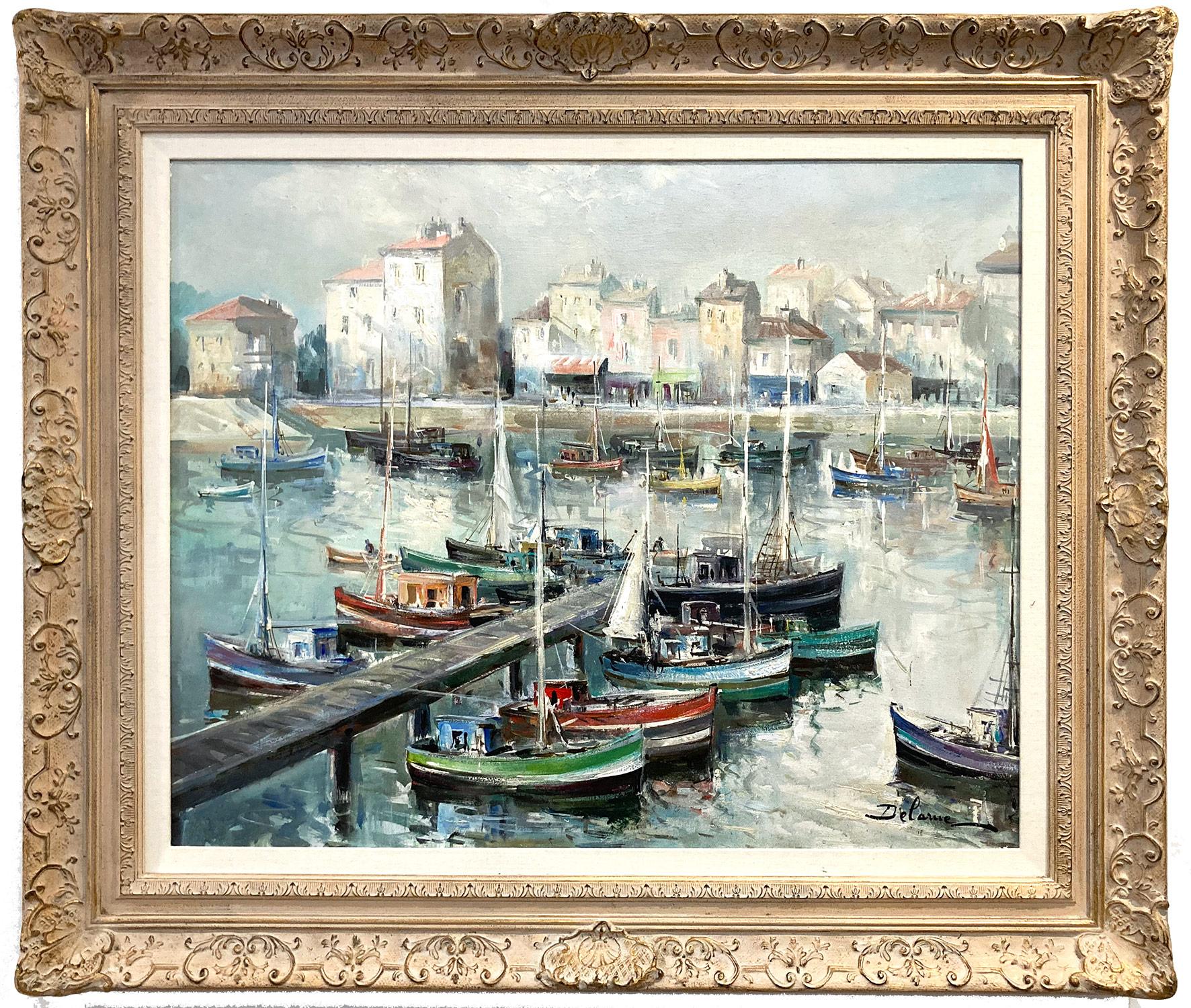 Landscape Painting di Lucien Delarue - "St. Tropez" Scena di porto marino parigino Pittura a olio impressionista su tela