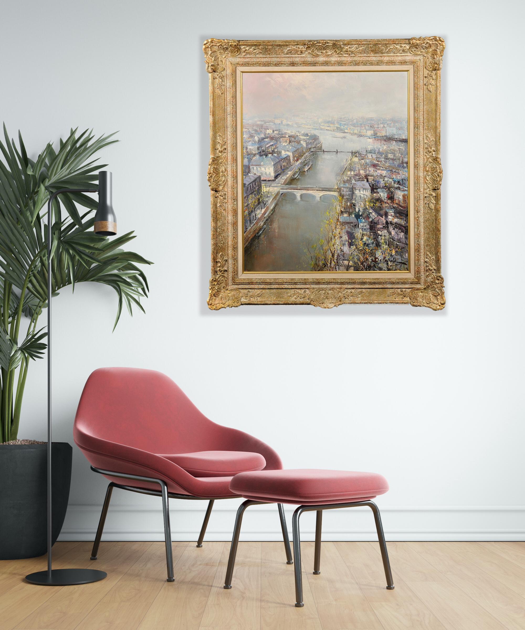 El río Sena.Paisaje urbano de París.Pintura al óleo original.Mediados del siglo XX 12