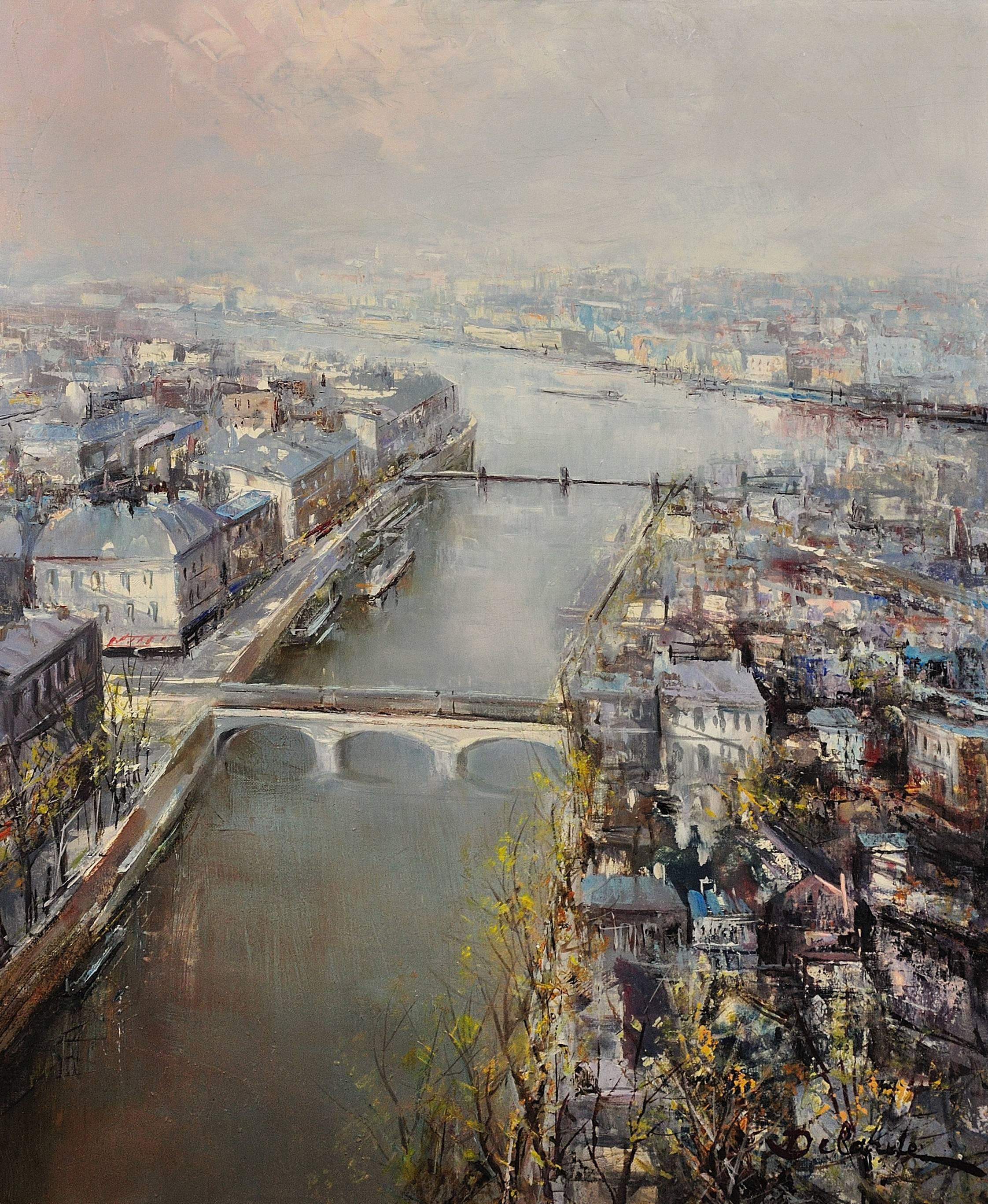 El río Sena.Paisaje urbano de París.Pintura al óleo original.Mediados del siglo XX - Painting de Lucien Delarue