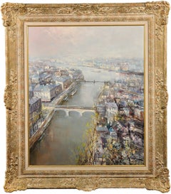 The River Seine.Paris Cityscape Landscape.Original Oil Painting.Mid-20th Century