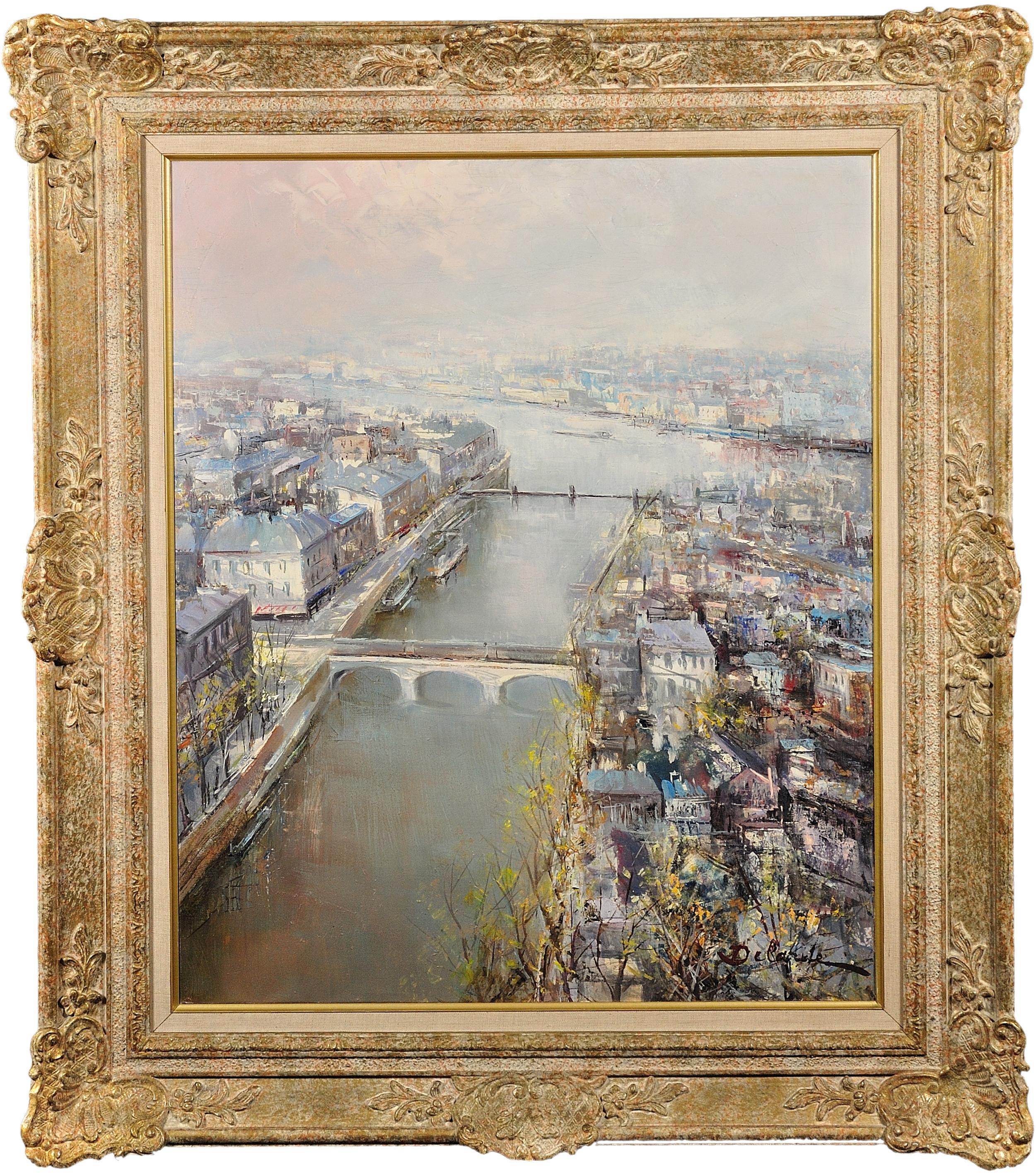 Lucien Delarue Landscape Painting - The River Seine.Paris Cityscape Landscape.Original Oil Painting.Mid-20th Century