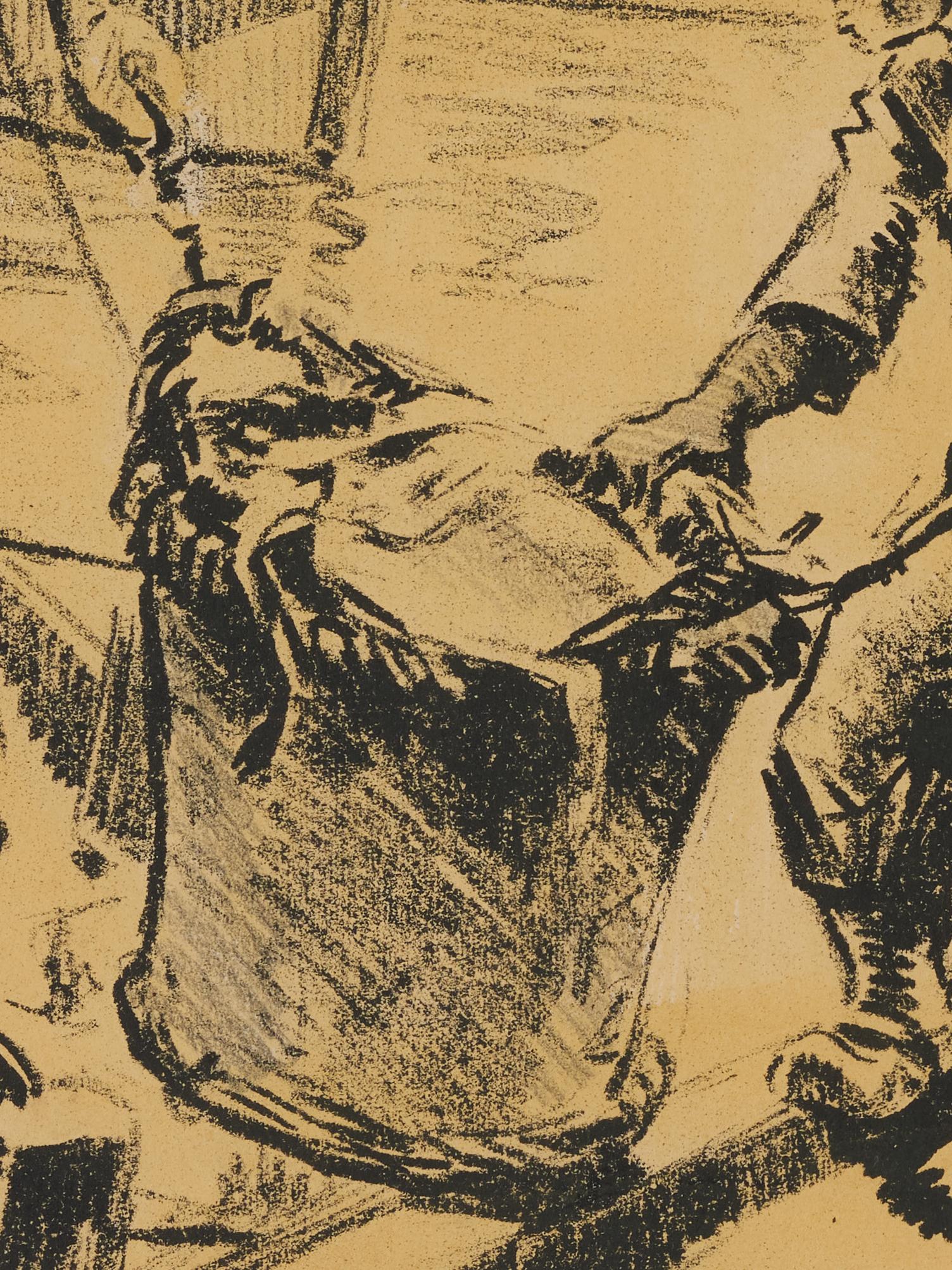 Paper Lucien Desmaré, Fishermen in the Harbor, Framed and Signed