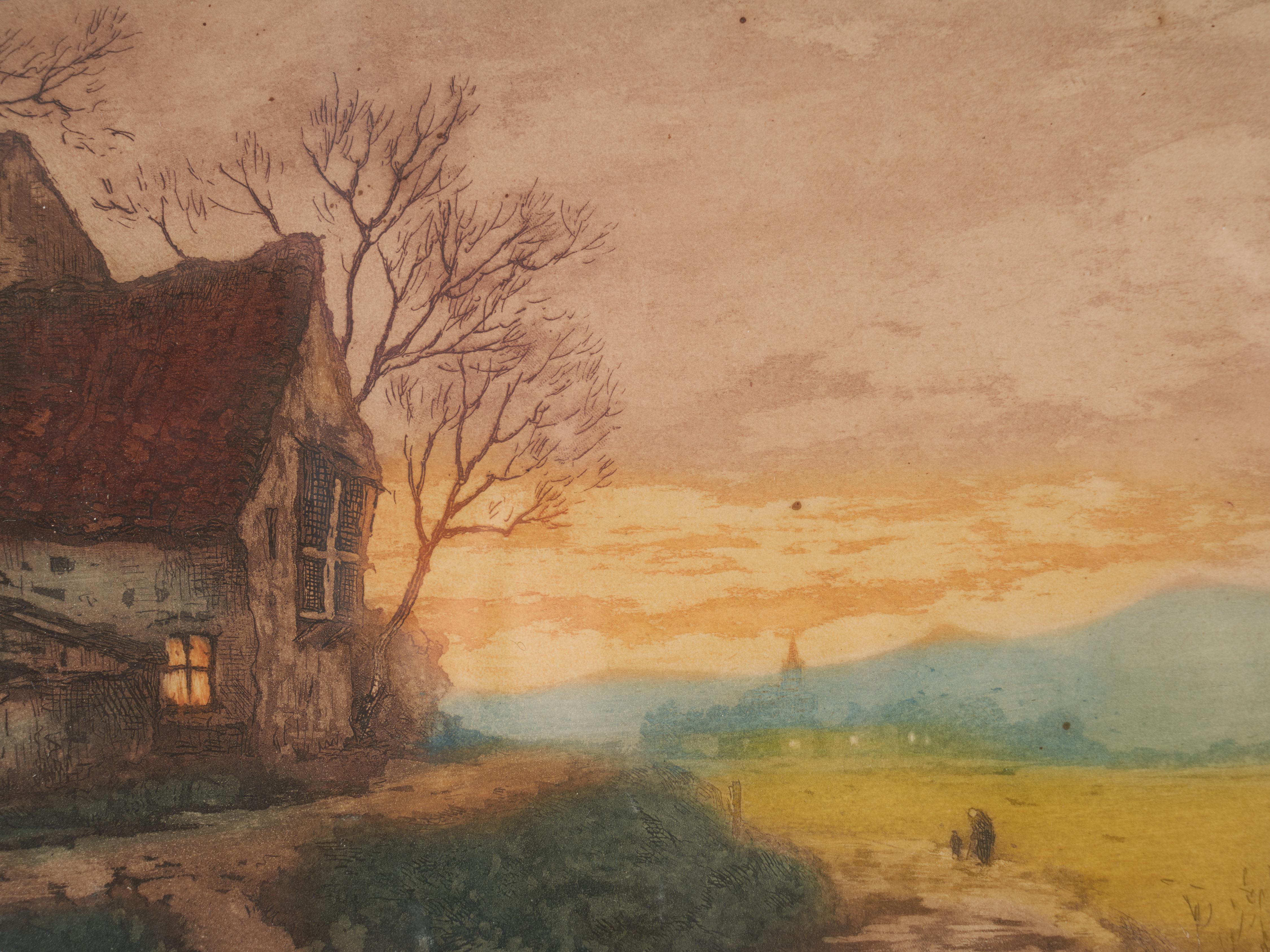 Hand-Painted Lucien Desmaré, Sunset Landscape, Framed and Signed