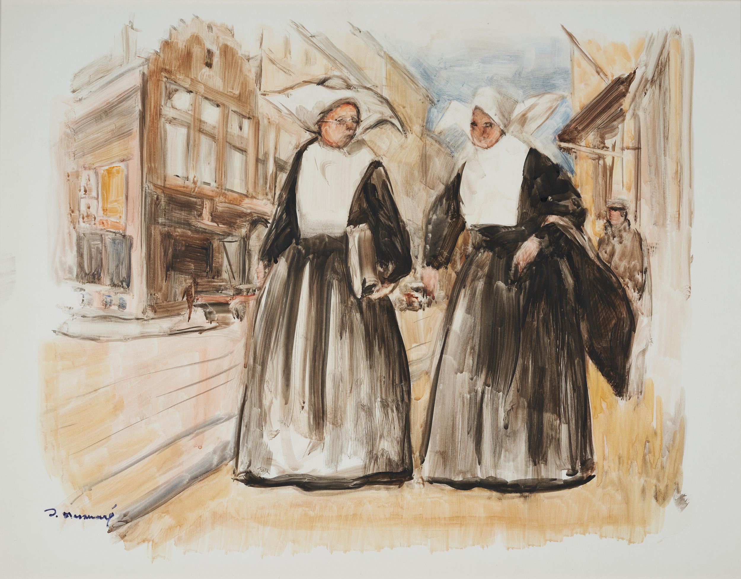 Lucien Desmaré (Schaarbeek, 1905 - Brussels, 1961)  Streetview with Two Nuns - Print by Lucien Desmare