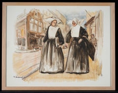 Lucien Desmaré (Schaarbeek, 1905 - Brussels, 1961)  Streetview with Two Nuns