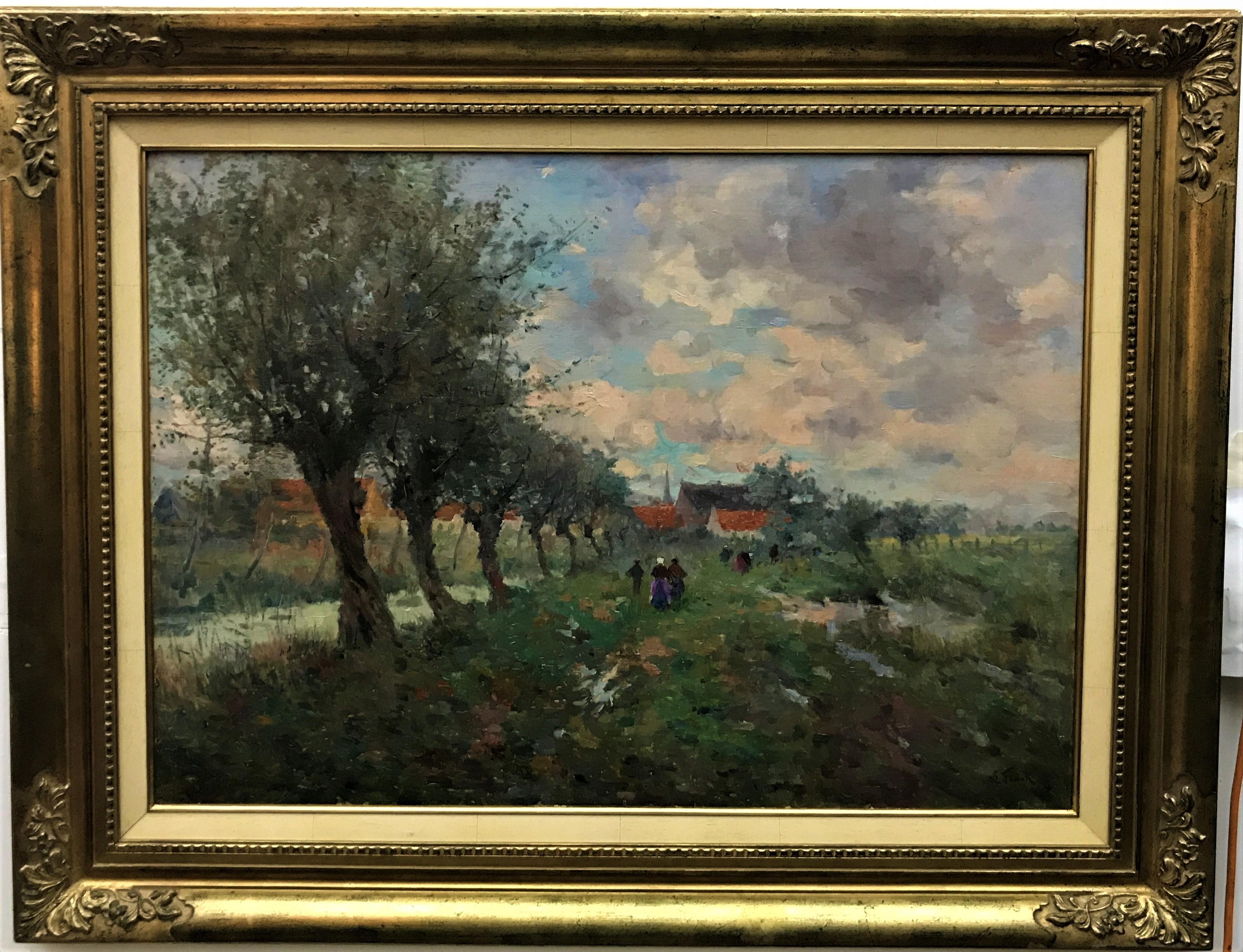 Flemish Landscape original oil on canvas, Belgian C19th impressionist painter - Painting by Lucien Frank