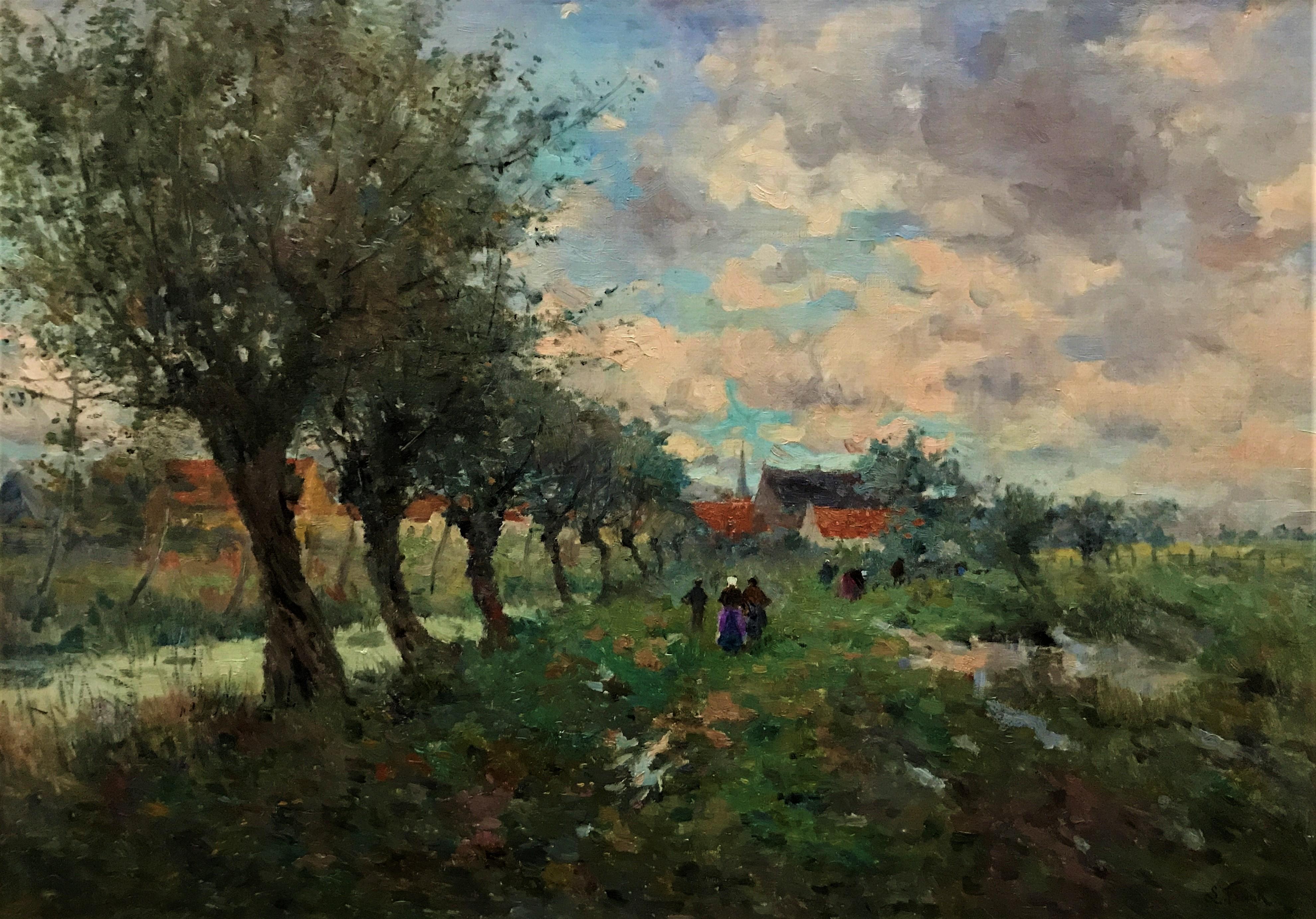 Lucien Frank Landscape Painting - Flemish Landscape original oil on canvas, Belgian C19th impressionist painter
