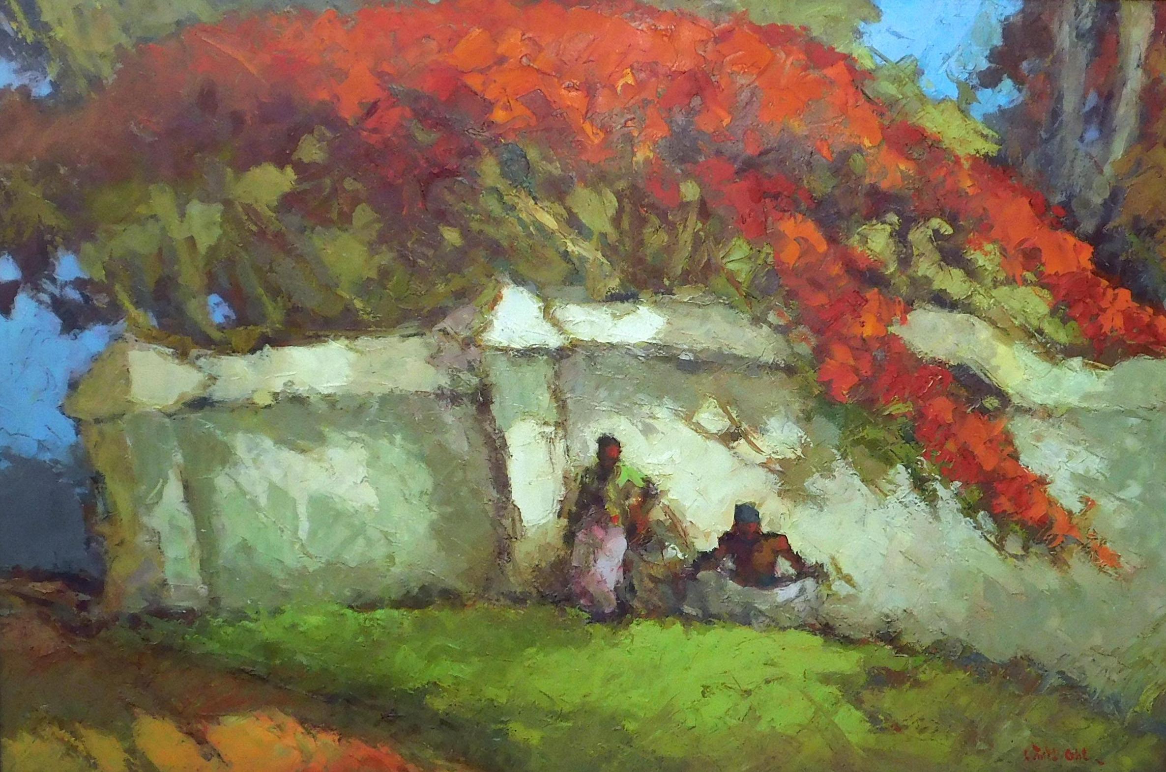 A wonderful and colorful oil on masonite by Indonesian artist Lucien Frits Ohl (1904-1976).
Oil on board created Circa 1960's. Measures 23 ½ x 35 1/4. Frame is 29 ½ x 41 ½.
The work is framed nicely and signed in red lower right. 
Some soiling is