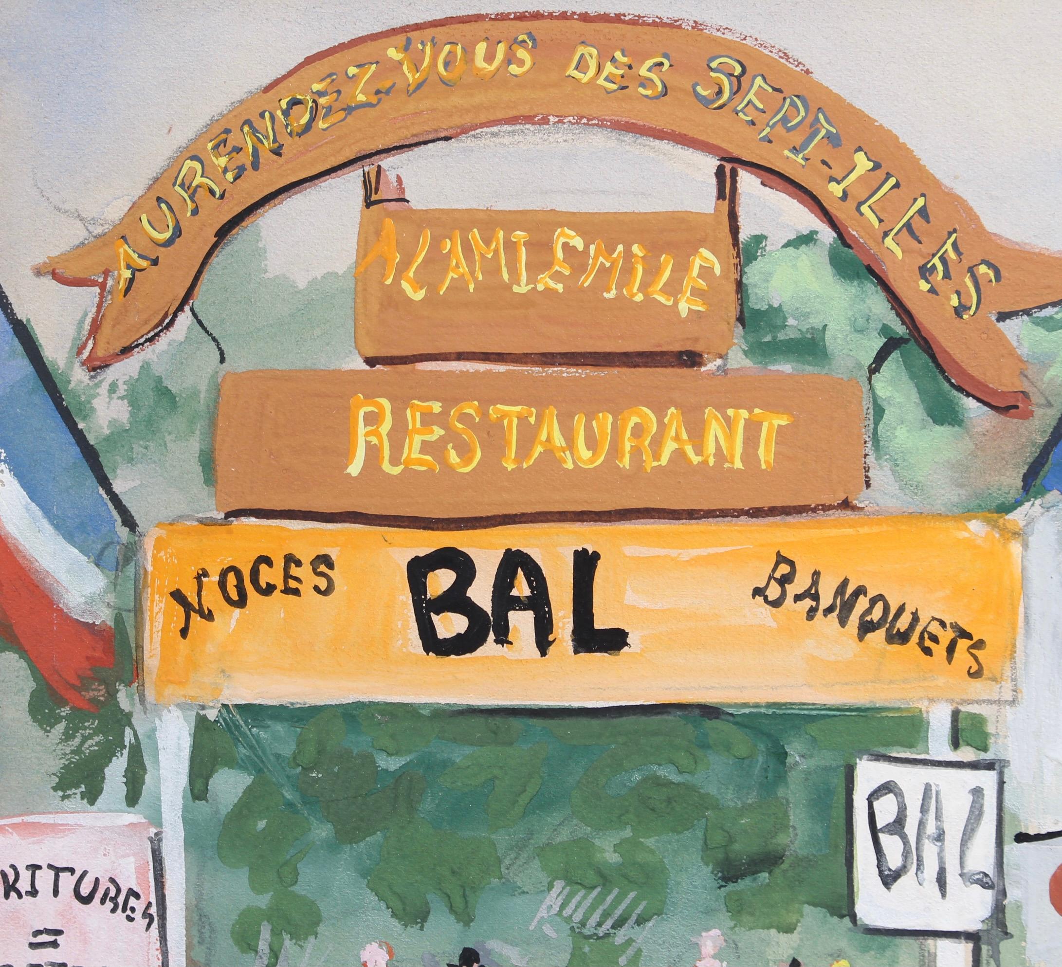 'Emile's Tavern', gouache on paper (circa 1930s), by Lucien Génin. A tavern in French is called a 'guinguette'. With the rise in living standards from the 1860s along with the development of public transport, guingettes set up in the Parisian