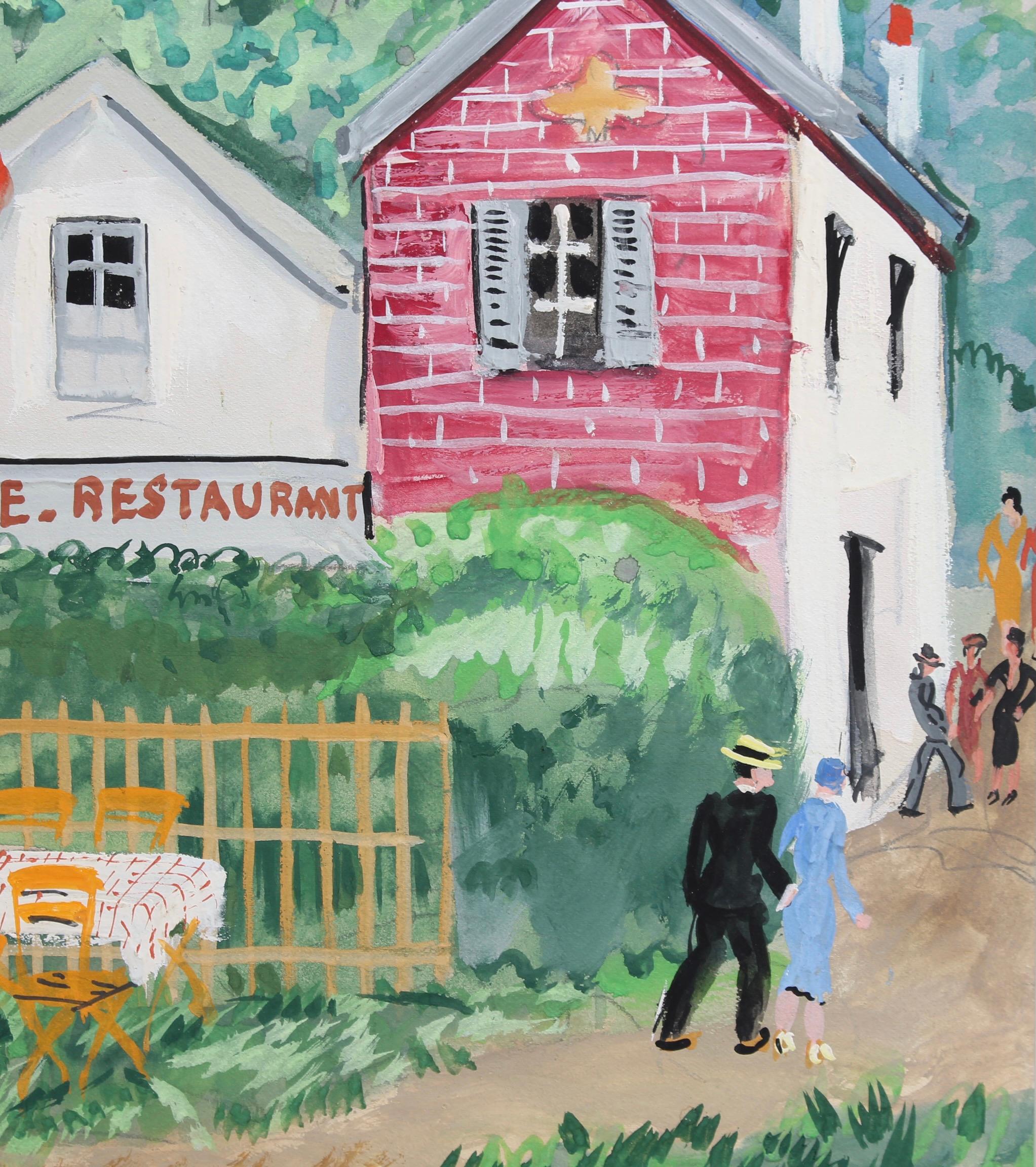 'Emile's Tavern', gouache on paper (circa 1930s), by Lucien Génin. A tavern in French is called a 'guinguette'. With the rise in living standards from the 1860s along with the development of public transport, guingettes set up in the Parisian