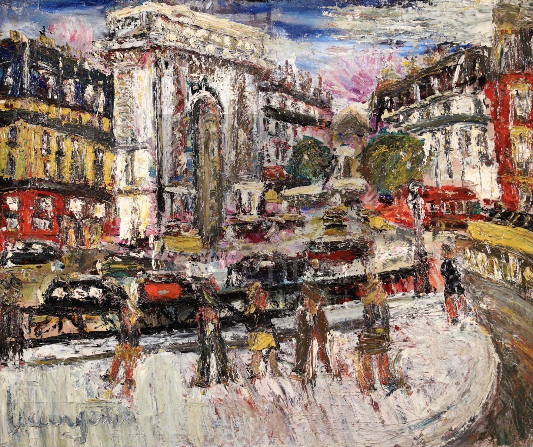 La Porte Saint Denis, Paris - Paysage urbain post-impressionniste, huile de Lucien Genin - Painting de Lucien Génin