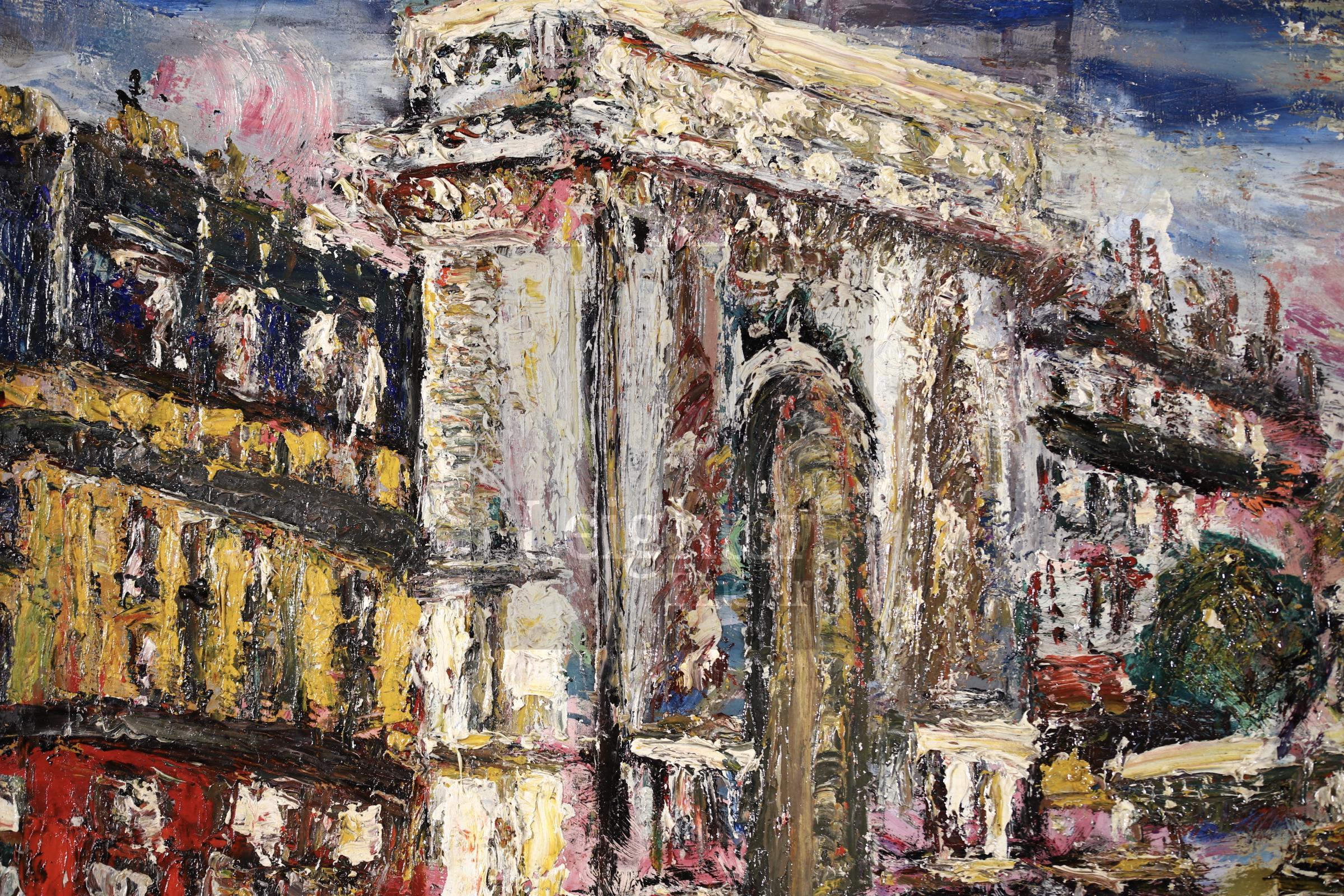 La Porte Saint Denis, Paris - Post Impressionist Cityscape Oil by Lucien Genin - Post-Impressionist Painting by Lucien Génin