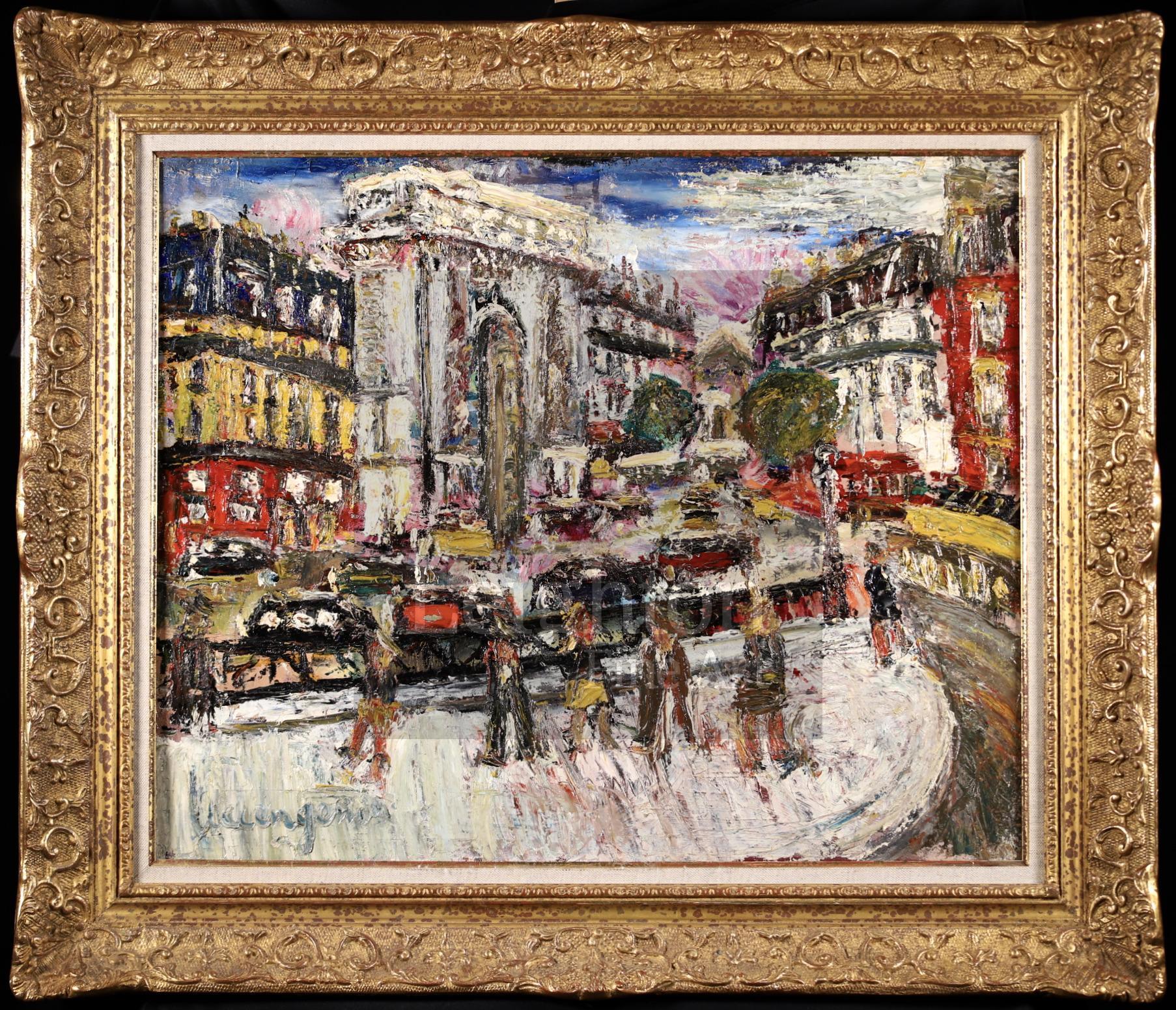 Lucien Génin Landscape Painting – La Porte Saint Denis, Paris – Postimpressionistische Stadtlandschaft des Postimpressionismus, Öl von Lucien Genin