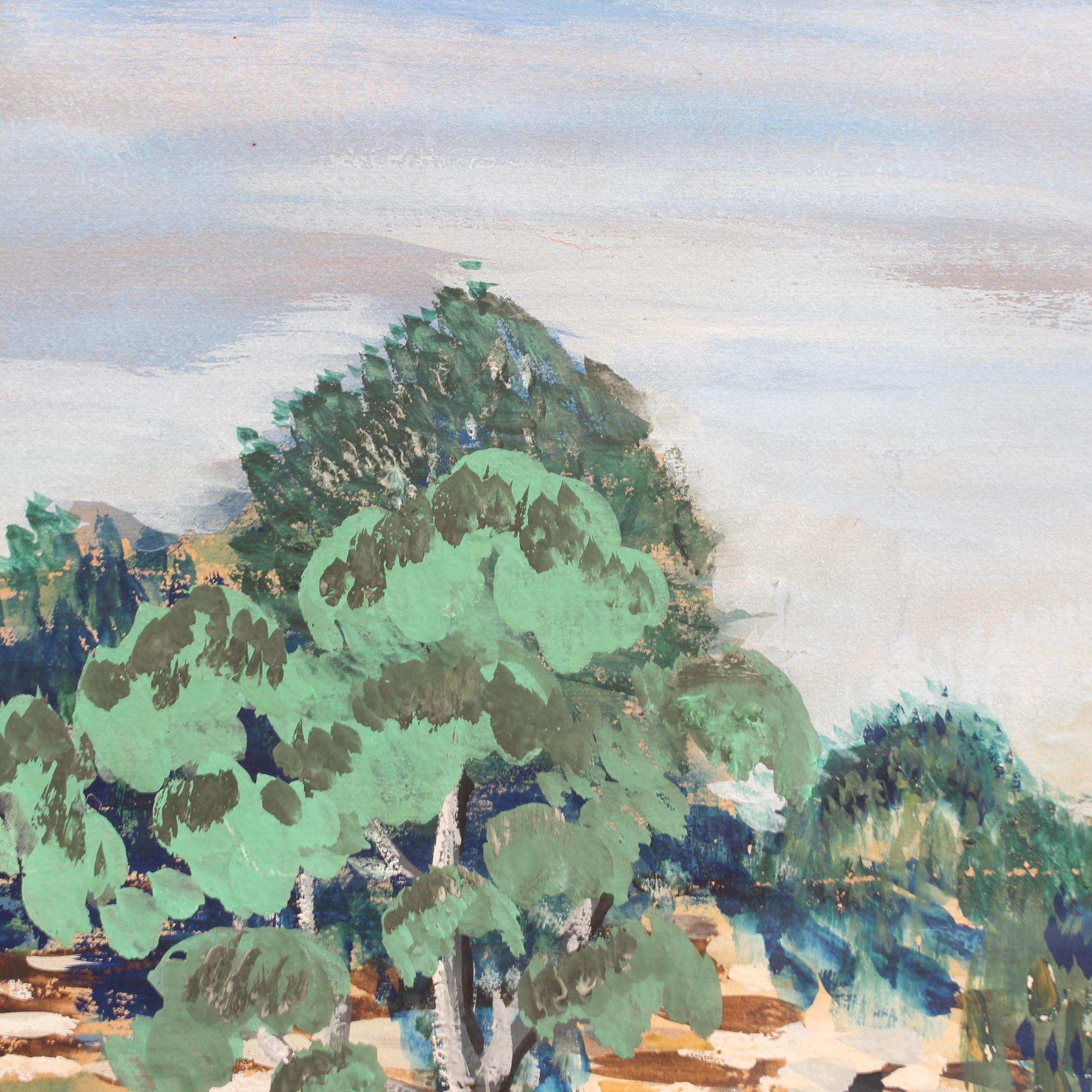 'Parc des Buttes-Chaumont' in Paris, gouache on art paper, by Lucien Génin (circa 1930s). A charming depiction of well turned out Parisians enjoying a day at the park. Boaters, strollers and swans all co-mingle around the peaceful lake. The