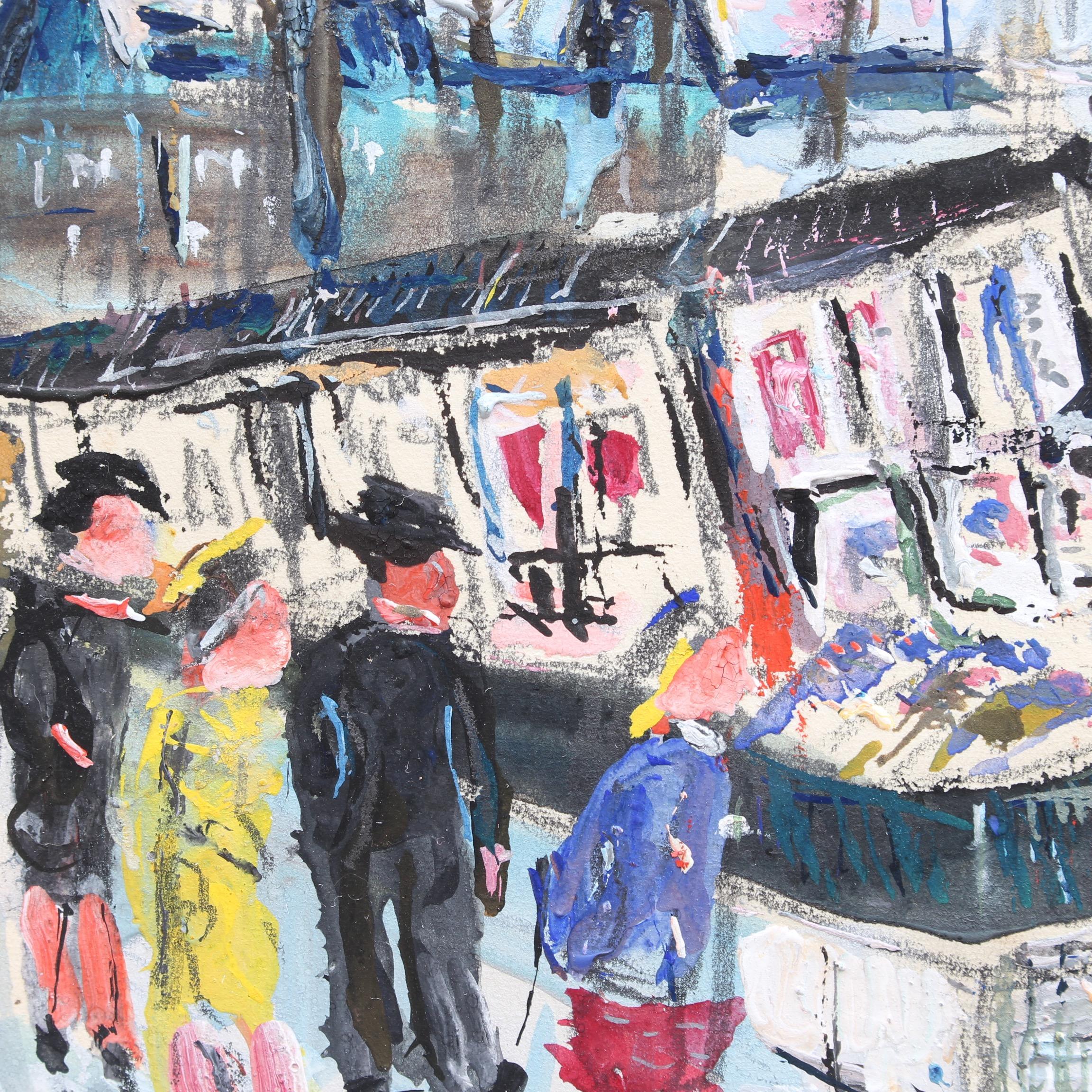 'Paris Booksellers Along the River Seine', gouache on paper (circa 1930s), by Lucien Génin. The used-book sellers (bouquinistes) you see along the Seine around Notre-Dame are a Parisian fixture. These hardy entrepreneurs are very lucky indeed as the