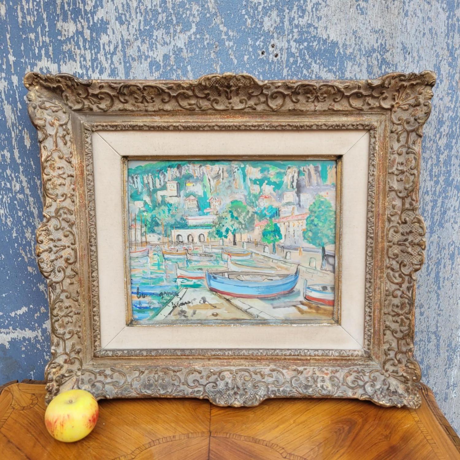 Lucien Genin, Puerto de Villefranche Sur Mer, acuarela enmarcada, mediados del siglo XX en venta 9