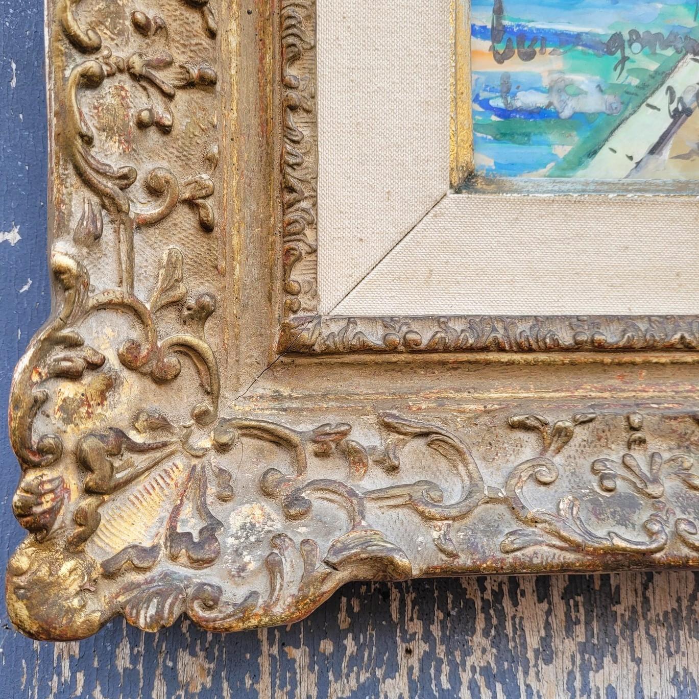 Acuarela enmarcada que representa el Puerto Real de Darse en Villefranche sur Mer (Costa Azul), con sus barcos de pesca.  

Marco Montparnasse  

La firma del artista, Lucien Genin, se encuentra en la parte inferior izquierda 
En el reverso hay una